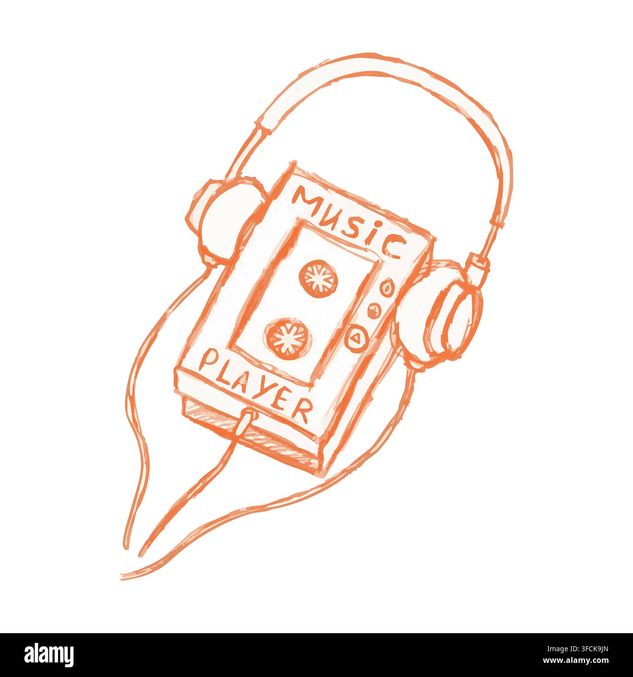 Croquis dessiné à la main d'un lecteur de musique avec casque et câble. Cassette. Appareil audio rétro des années 90-00 isolé sur fond blanc. Contour au crayon. Illustration de Vecteur