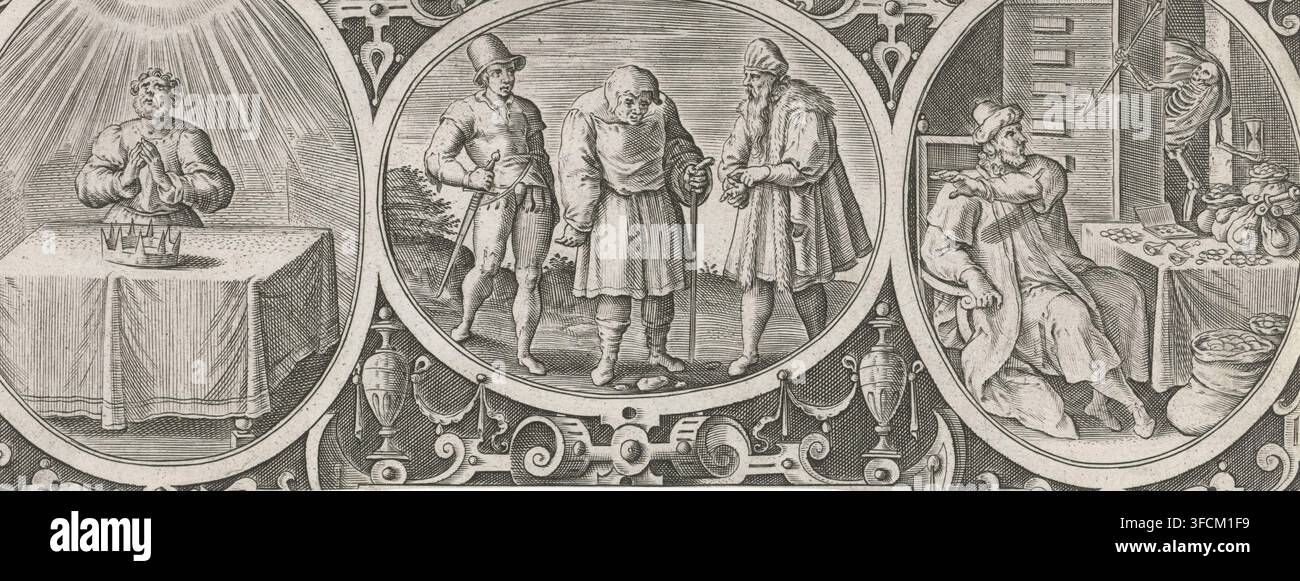 Sagesse de Jésus Sirach, ci-dessus, Gnomae seu sententiae vitae utiles ex ecclesiastico, estampe, cadre ornemental avec médaillons dans lesquels de gauche à droite : Un homme en prière, regardant vers le haut un auréole. Devant lui sur une table gît la Couronne de la Sagesse., Paysage avec trois hommes. Un homme pauvre se tient entre deux messieurs riches., Intérieur avec un riche monsieur assis à une table sur laquelle se trouvent des sacs d'argent. Dans l'embrasure de la porte, la Mort, avec une flèche et un sablier à la main (Sir. 14)., éditeur : Gerard de Jode, Anvers, 1547 - 1591, graveur, papier, gravure, hauteur 81 mm x largeur 210 mm, le livre de Banque D'Images
