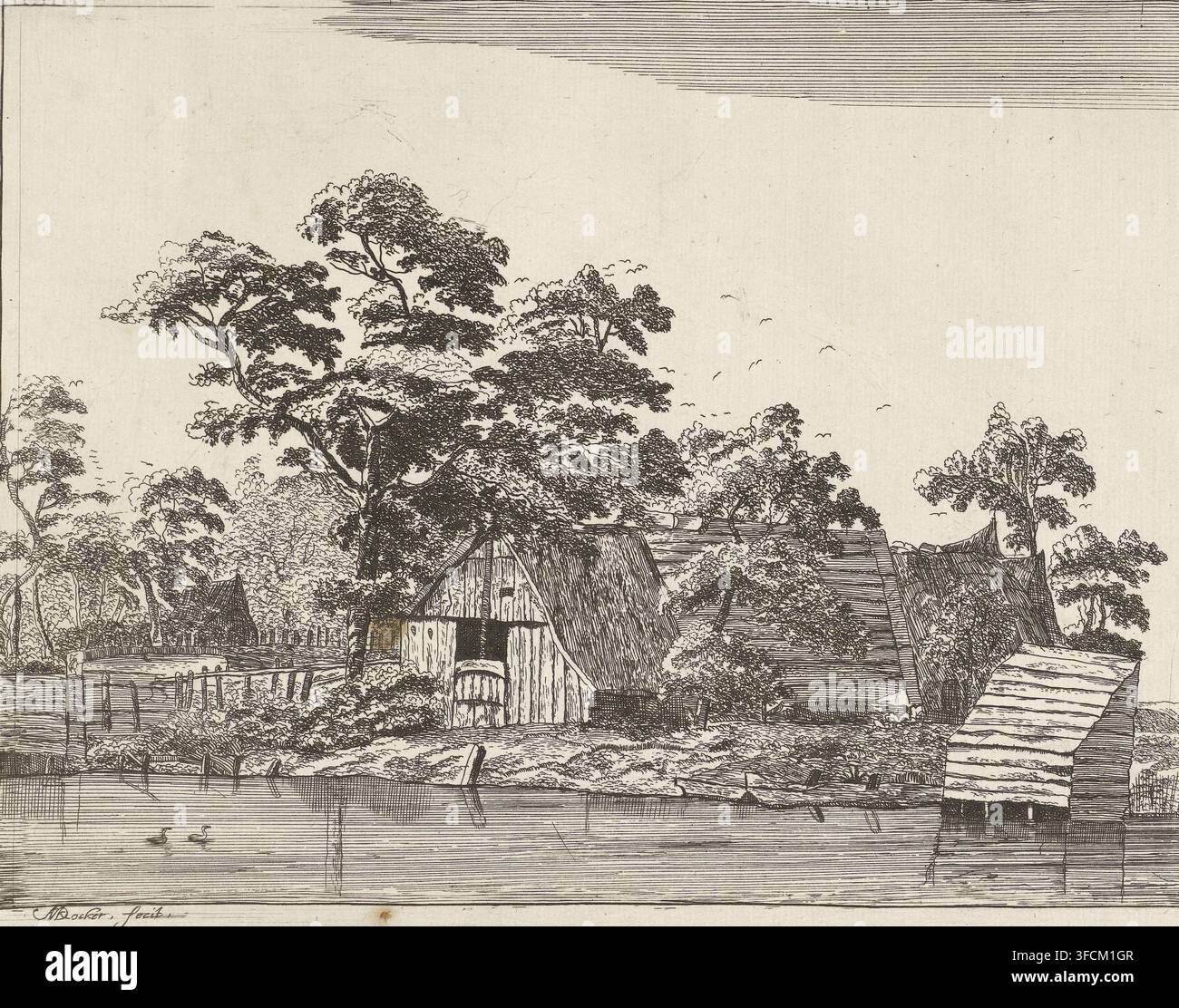 Maisons près d'un étang, gravure, Près d'un étang, où deux canards nagent, se trouve une maison en bois avec un petit abri dans l'eau à sa droite. En arrière-plan, on peut voir plusieurs maisons parmi les arbres et des oiseaux volent dans le ciel., graveur : Anna Maria de Koker, 1640 - 1698, papier, eau-forte, hauteur 158 mm x largeur 202 mm, cottage, arbres, étang., Une scène détaillée à la plume et à l'encre montrant une rive de rivière avec des bâtiments en bois et des toits de chaume nichés parmi des arbres feuillus, un arbre plus grand avec une canopée étalée dominant les structures, des arbres plus petits et des buissons remplissant les espaces entre les bâtiments, Banque D'Images