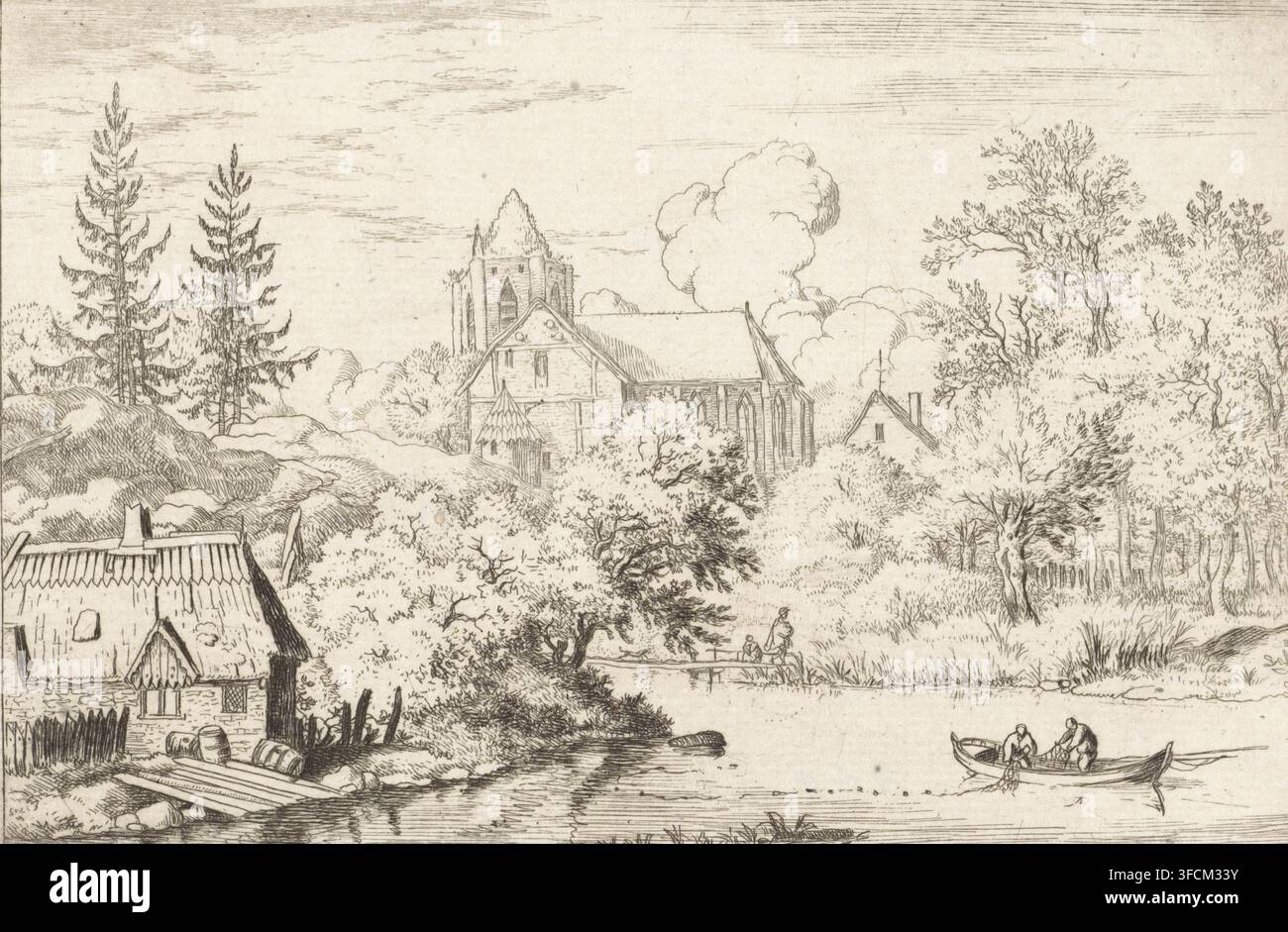 Tonnes et planches sur la rive de la rivière, estampe, Paysage fluvial avec vue sur une église. Dans un bateau à rames, deux personnes tirent un filet de pêche. Sur la rive de la rivière, près d'une maison, gisent quelques planches et tonneaux., graveur : Allaert van Everdingen, Pays-Bas, 1631 - 1675, papier, gravure à l'eau-forte, hauteur 95 mm x largeur 140 mm, sports, jeux, animaux., Un dessin monochrome détaillé d'un paysage montrant une maison en chaume au bord d'une rivière avec des tonneaux et des planches près de son entrée, de grands arbres et des buissons remplissant le milieu du plan, et un plus grand bâtiment en pierre avec un toit pentu et une tour partiellement cachée parmi le feuillage ; un petit Banque D'Images