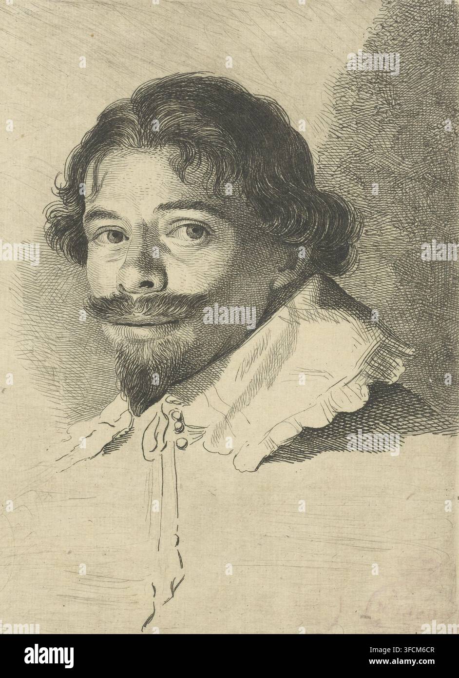 Portrait de David Bailly, gravure, Portrait du peintre et dessinateur David Bailly, buste de portrait tourné vers la gauche., numéro : '1', graveur : Johannes Pieter de Frey, d'après un dessin de David Bailly, 1801, papier, eau-forte, épreuve d'impression, hauteur 164 mm x largeur 125 mm, Personnage, portrait, autoportrait de l'artiste., Un dessin à l'encre en gros plan d'une tête et d'épaules d'homme montrant des cheveux sombres ondulés, des sourcils arqués et de grands yeux regardant sur le côté, avec une moustache prononcée et une barbe pointue. L'homme porte un col volanté et un vêtement à boutons, rendu avec un fin hachuré croisé et un travail de lignes ; le fond Banque D'Images