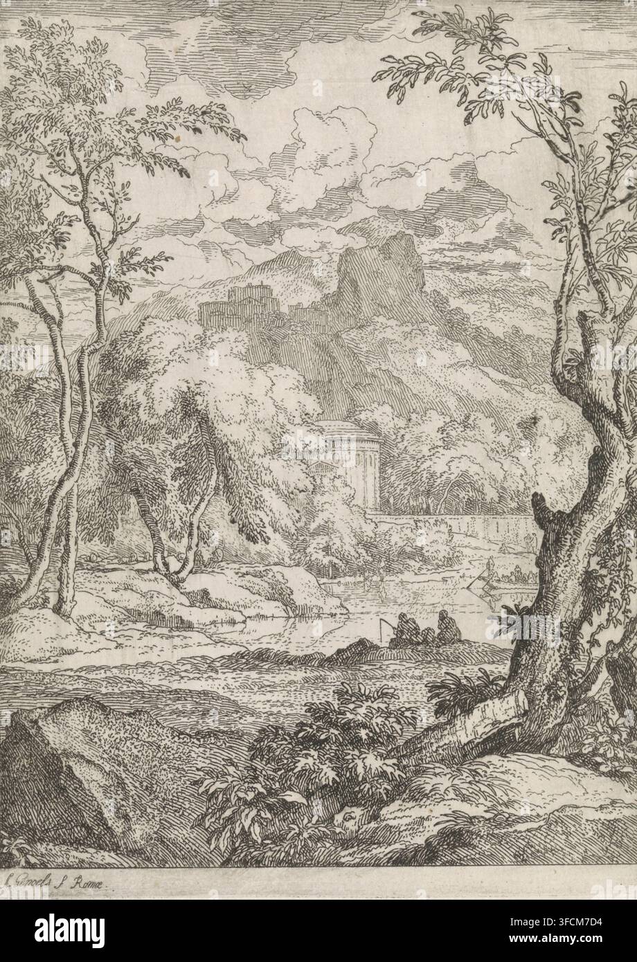 Paysage arcadienne avec un petit lac, impression, Un paysage montagneux avec un petit lac. Deux hommes pêchent dans le lac., graveur : Abraham Genoels, Rome, 1650 - 1723, papier, gravure à l'aquaforte, hauteur 194 mm x largeur 146 mm, pêche à la ligne, pêcheur, montagnes (+ paysage avec figures, staffage)., Une gravure de paysage monochrome détaillée montrant une rivière ou un ruisseau traversant un avant-plan rocheux avec des plantes feuillues et des rochers texturés, un couple assis près du bord de l'eau et une petite barque avec des figures sur l'eau plus loin ; de grands arbres noueux encadrent la scène des deux côtés avec des détails complexes Banque D'Images