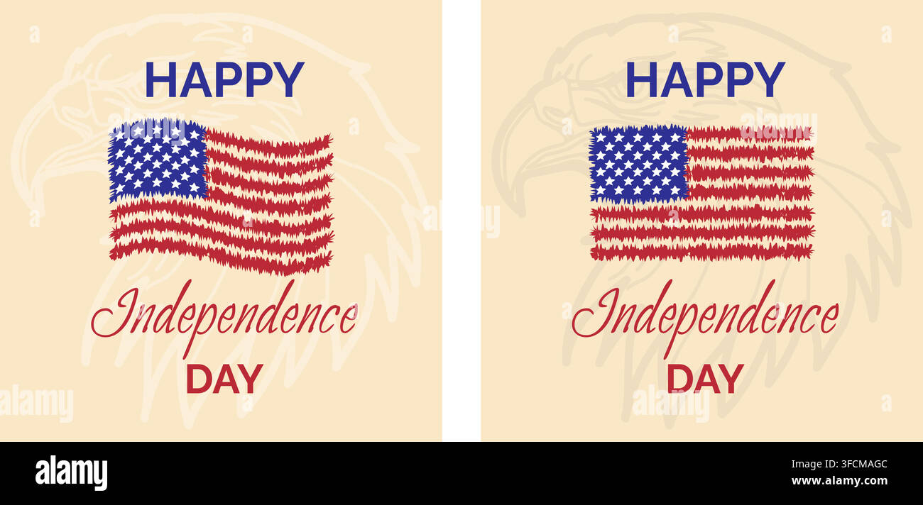 Design patriotique du Jour de l'Indépendance avec un drapeau américain stylisé, un contour d'aigle et un texte festif ‚Happy Independence Day‘ en rouge, blanc et bleu. Illustration de Vecteur