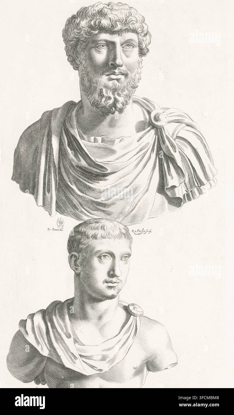 Deux bustes en portrait de l'empereur Lucius Verus et de l'empereur Alessandro Severo, Galleria Giustiniana del Marchese Vincenzo Giustiniani II, gravure, numéro de série, 29, 168, Deux bustes en portrait romains de l'empereur Lucius Verus et de l'empereur Alessandro Severo. Au centre, les armoiries de Vincenzo Giustiniani. Gravure tirée d'une publication contenant des gravures de reproduction d'après les sculptures de la collection de la Galleria Giustiniani à Rome., graveur : Reinier van Persijn, Rome, d'après un dessin de François Perrier, 1640, papier, gravure, hauteur 394 mm x largeur 239 mm, Personnage, Sévère Alexandre (Empereur Banque D'Images