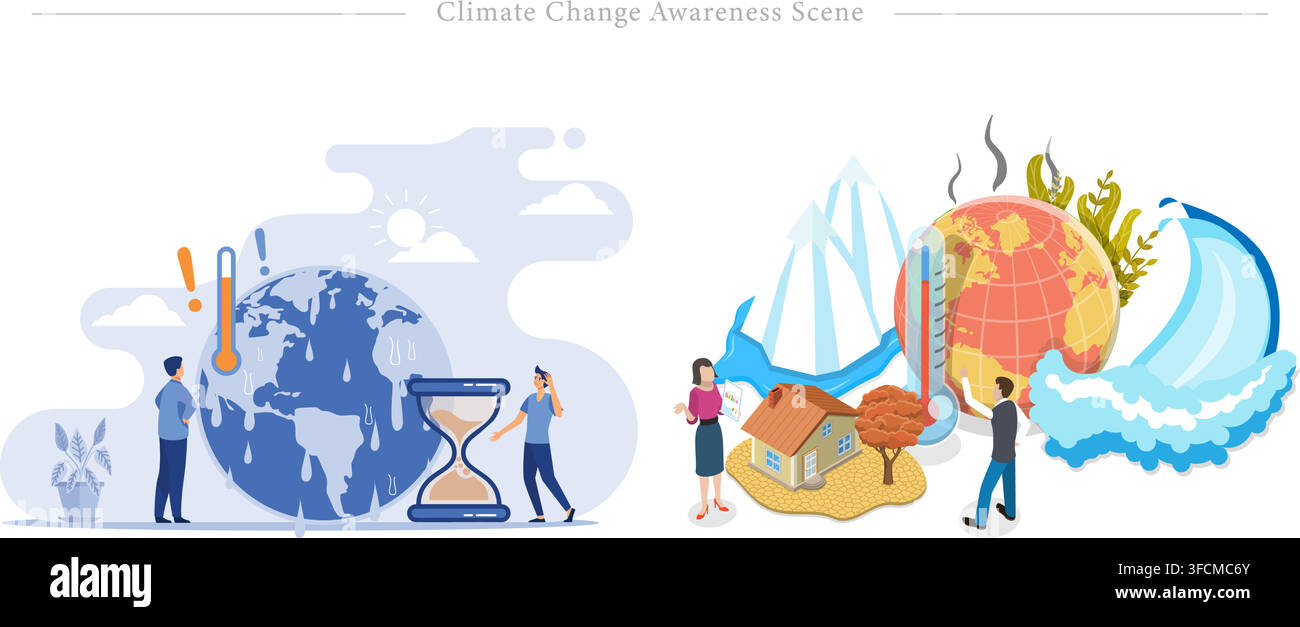 Illustration vectorielle de prise de conscience sur le changement climatique mettant en scène un globe en train de fondre avec un sablier et une terre en ébullition avec des catastrophes naturelles et des intempéries extrêmes Illustration de Vecteur