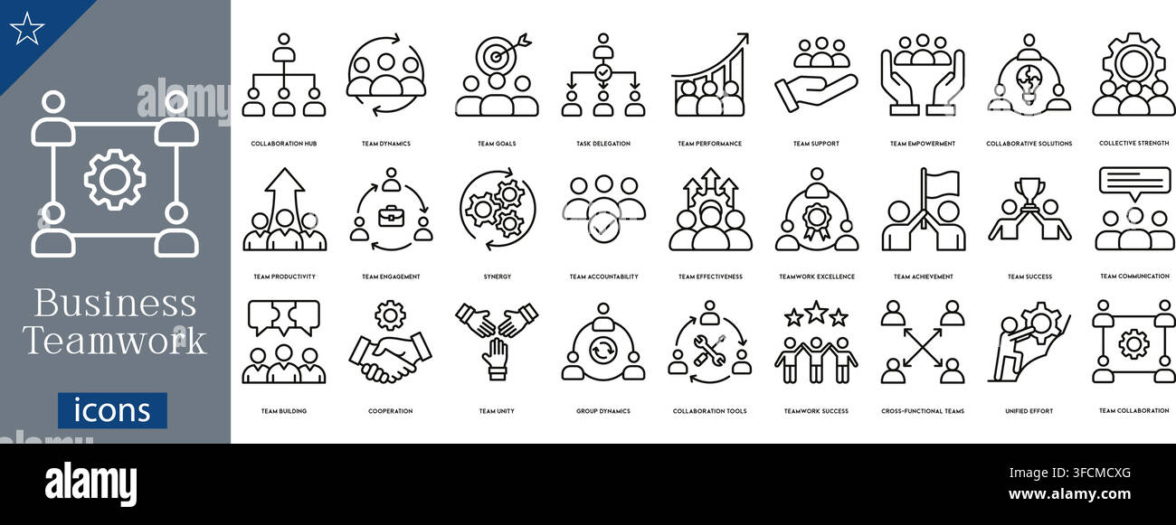 Ensemble d'icônes de travail d'équipe montrant un centre de collaboration, un soutien d'équipe, le développement d'équipe, la coopération, la dynamique de groupe, une équipe multifonctionnelle, vecteur Illustration de Vecteur