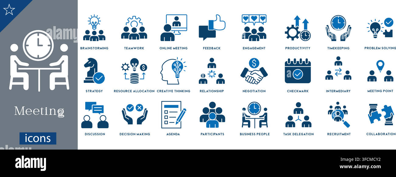 Ensemble d'icônes de réunion montrant le brainstorming, le travail d'équipe, la réunion en ligne, le retour d'information, la productivité, la gestion du temps, la résolution de problèmes, la stratégie, la négociation en vecteur Illustration de Vecteur