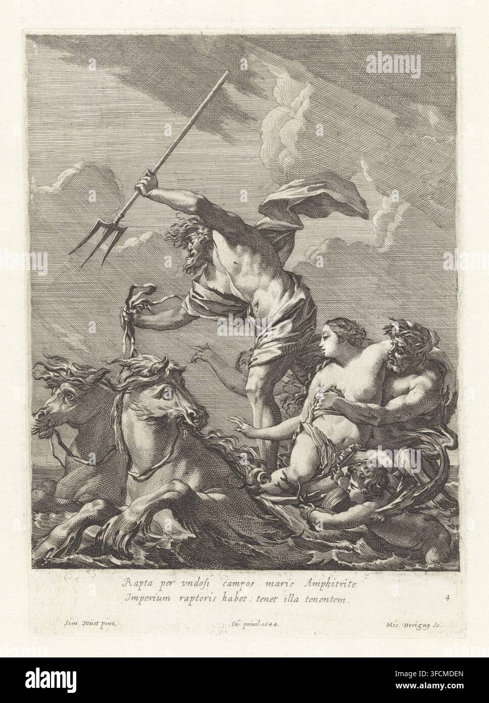 Neptune et Amphitrite, Série d'estampes d'après les peintures de Fontainebleau, estampe, Numéroté en bas à droite : 4., graveur : Michel Dorigny, France, d'après une peinture de Simon Vouet, concessionnaire de privilège : Louis XIV (roi de France), 1644, papier, gravure, eau-forte, hauteur 288 mm x largeur 207 mm, (histoire de) Neptune (Poséidon), triomphe d'Amphitrite., Une scène gravée détaillée montre un homme barbu musclé debout dans un char, penché en avant avec un bras levé tenant un long trident, sa draperie flottant derrière lui ; devant le char, trois chevaux se cabrant avec des crinières fluides émergent de Banque D'Images