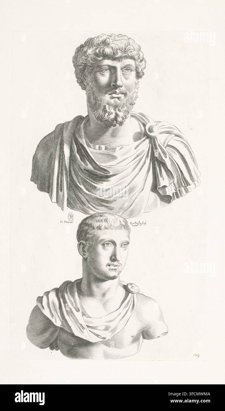 Deux bustes en portrait de l'empereur Lucius Verus et de l'empereur Alessandro Severo, Galleria Giustiniana del Marchese Vincenzo Giustiniani II, gravure, numéro de série, 29, 168, Deux bustes en portrait romains de l'empereur Lucius Verus et de l'empereur Alessandro Severo. Au centre, les armoiries de Vincenzo Giustiniani. Gravure tirée d'une publication contenant des gravures de reproduction d'après les sculptures de la collection de la Galleria Giustiniani à Rome., graveur : Reinier van Persijn, Rome, d'après un dessin de François Perrier, 1640, papier, gravure, hauteur 394 mm x largeur 239 mm, Personnage, Sévère Alexandre (Empereur Banque D'Images