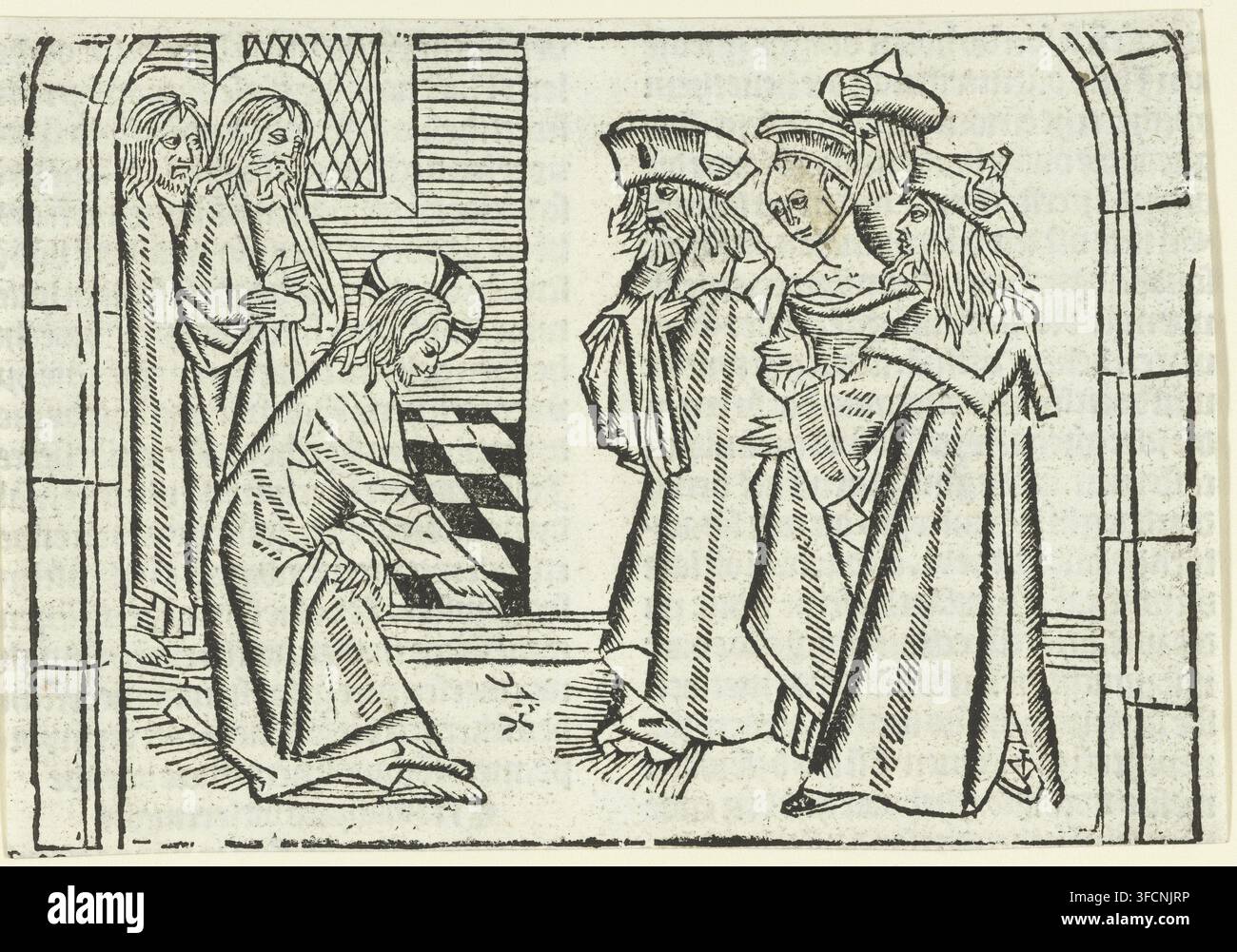 Christ et la femme adultère, estampe, illustration de livre, Christ écrit avec le doigt sur le sol. Deux disciples à ses côtés. Trois Pharisiens tiennent l'adultère. Inconnu : attribué au Maître de Delft, Pays-Bas, inconnu : attribué au Meester van de Delbecq-Schreiber-Passion, inconnu : attribué au Maître de la Virgo inter Virgines, 1480 - 1500, 1503, Attribué, Maître de la Delbecq-Schreiber-Passion, papier, gravure sur bois, hauteur 98 mm x largeur 142 mm, les Pharisiens amènent une femme accusée d'adultère devant Christ (Jean 8:2-11). Une scène en gravure sur bois noir et blanc montre un groupe de personnages vêtus à l'intérieur d'un Banque D'Images