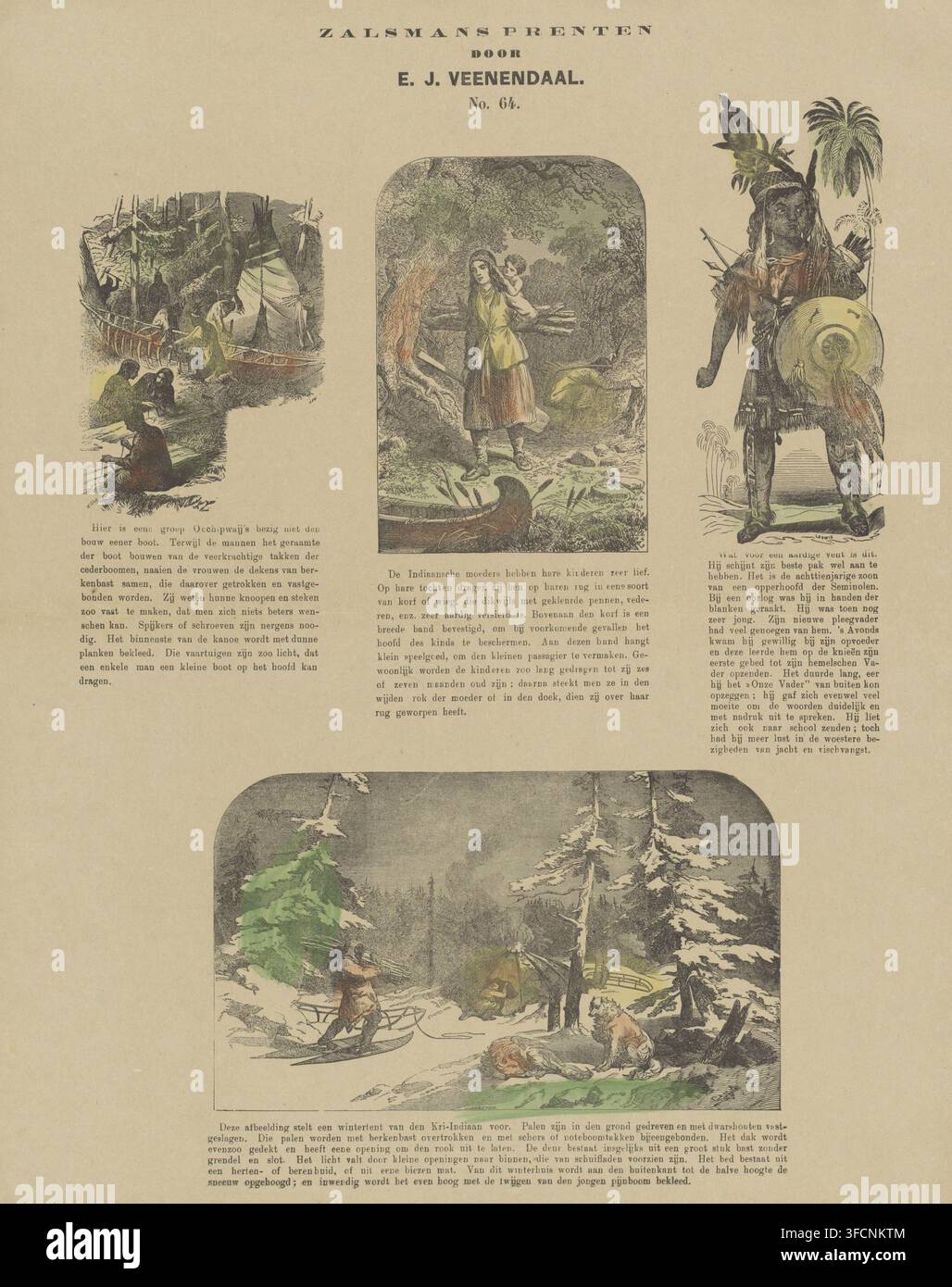 Peuples indigènes d'Amérique du Nord, Indiens (ancien titre), impressions de Zalman, impression, impression populaire, Feuille avec quatre représentations de peuples indigènes d'Amérique du Nord, y compris les Ojibwé, les Séminoles et les Cris. Une légende sous chaque image. Numéroté en haut au centre : No. 64., graveur : J. Johnston, Europe, graveur : Ludwig, éditeur : Gerhardus Philippus Zalsman, Kampen, éditeur (personne qui révise) : Evert Jacob Veenendaal, Pays-Bas, 1869 - 1882, J. Johnston, Ludwig, Gerhardus Philippus Zalsman, Evert Jacob Veenendaal, graveur, éditeur, éditeur (personne qui révise), papier, gravure sur bois, couleur, Banque D'Images