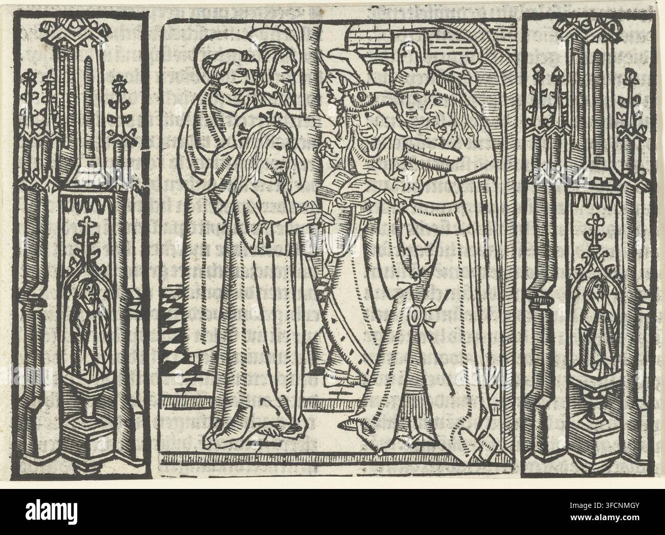 Christ en conversation avec les Pharisiens dans le temple, estampe, illustration de livre, Imprimé à partir de trois blocs. Christ, Pierre et un troisième disciple font face à cinq scribes dans le temple. À gauche et à droite de la représentation, ornementation architecturale., inconnu : attribué au Maître de Delft, Pays-Bas, inconnu : attribué au Meester van de Delbecq-Schreiber-Passie, inconnu : attribué au Maître de la Virgo inter Virgines, 1480 - 1500, 1503, Attribué, Maître de la Delbecq-Schreiber-Passion, papier, gravure sur bois, hauteur 107 mm x largeur 148 mm, Pharisiens et Sadducéens opposés à Christ., Un noir et blanc Banque D'Images