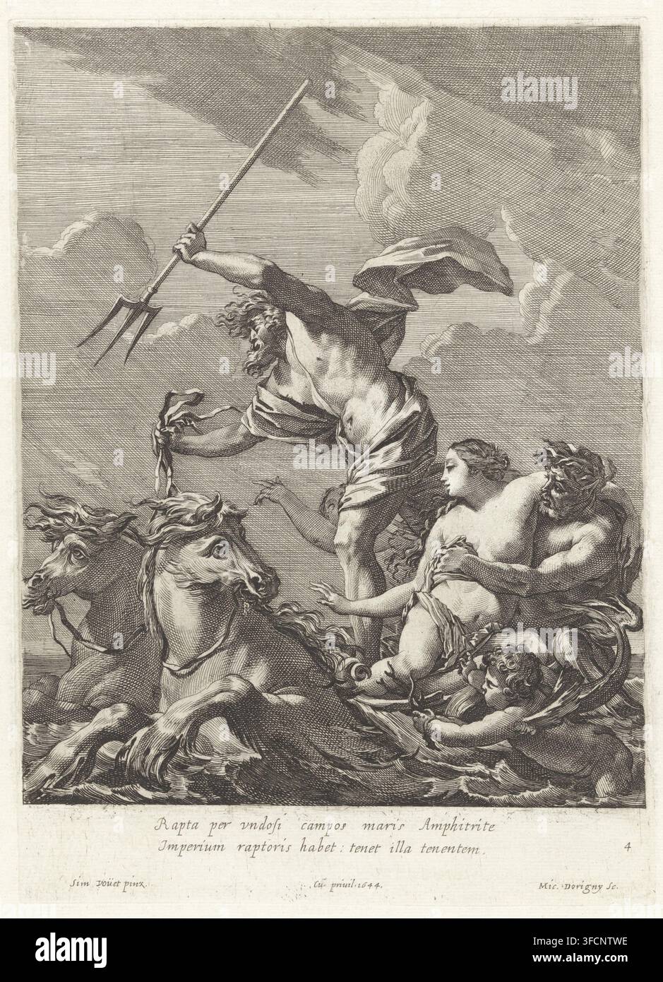 Neptune et Amphitrite, Série d'estampes d'après les peintures de Fontainebleau, estampe, Numéroté en bas à droite : 4., graveur : Michel Dorigny, France, d'après une peinture de Simon Vouet, concessionnaire de privilège : Louis XIV (roi de France), 1644, papier, gravure, eau-forte, hauteur 288 mm x largeur 207 mm, (histoire de) Neptune (Poséidon), triomphe d'Amphitrite. Une gravure dramatique montre un homme barbu musclé debout avec un drapé fluide autour de sa taille et de son épaule, tenant un long bâton à trois pointes levé au-dessus de sa tête. Il est entouré d'un groupe de personnages et d'animaux : quelques puissants chevaux avec Banque D'Images