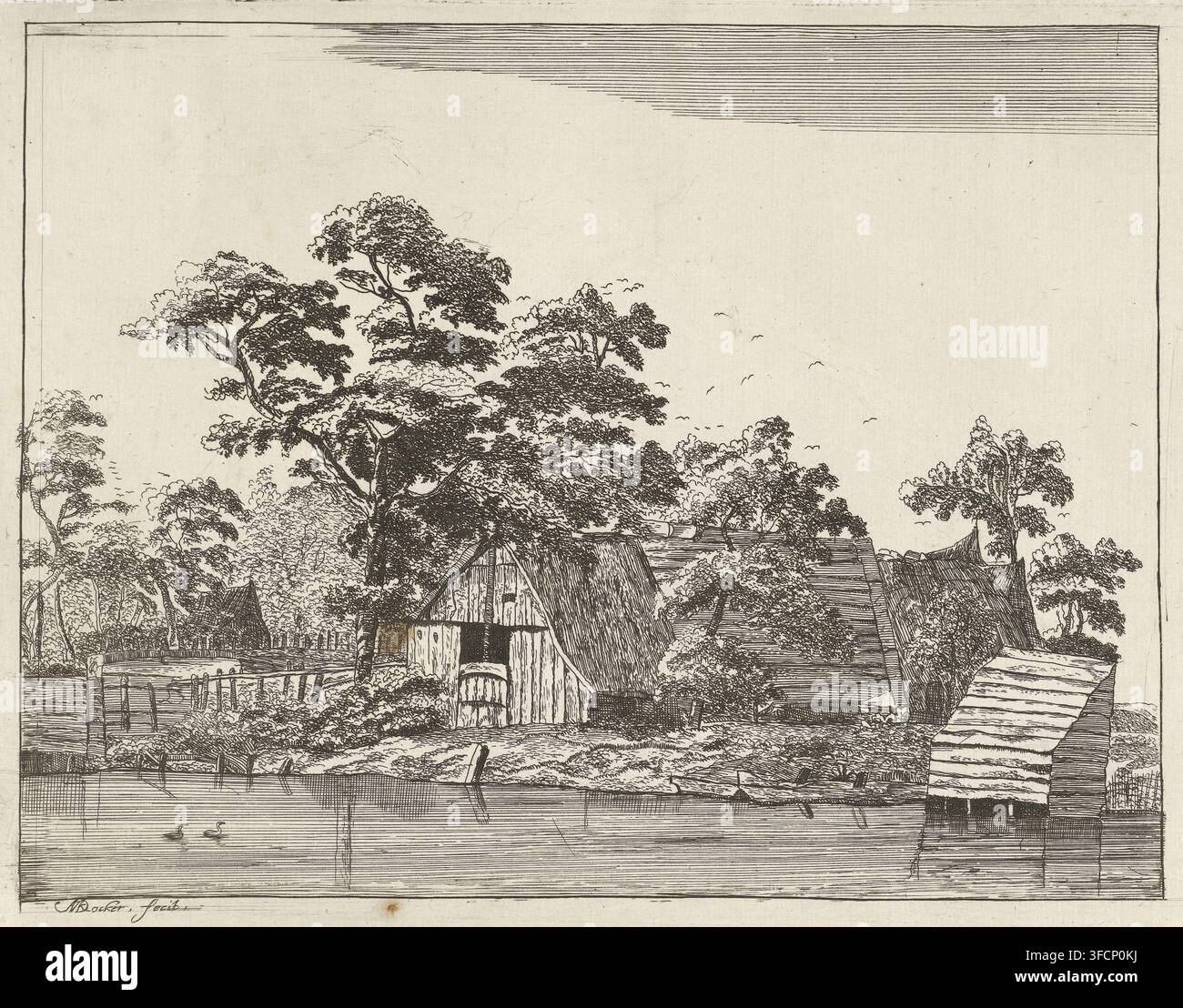 Maisons près d'un étang, gravure, Près d'un étang, où deux canards nagent, se trouve une maison en bois avec un petit abri dans l'eau à sa droite. En arrière-plan, on peut voir plusieurs maisons parmi les arbres et des oiseaux volent dans le ciel., graveur : Anna Maria de Koker, 1640 - 1698, papier, eau-forte, hauteur 158 mm x largeur 202 mm, cottage, arbres, étang., Un dessin à l'encre détaillé montre une scène riveraine avec un groupe de bâtiments rustiques nichés parmi plusieurs grands arbres feuillus, leurs branches et leur feuillage rendus avec des lignes fines et denses ; des toits de chaume et des planches de bois sont visibles sur les structures, une Banque D'Images
