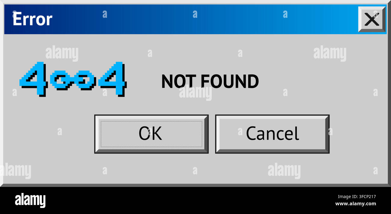 Pop-up de message d'erreur d'ordinateur rétro avec texte de plantage 404 introuvable et icône pixel Illustration de Vecteur