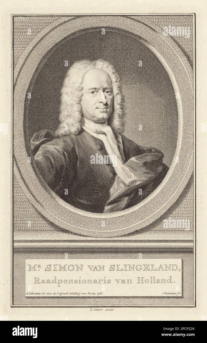 M. Simon van Slingeland, Portrait de Simon van Slingelandt, impression, Buste orientée vers la droite de Simon van Slingelandt dans un ovale. Le portrait repose sur un piédestal portant son nom et son titre en deux lignes en néerlandais., graveur : Jacob Houbraken, Amsterdam, d'après un dessin d'Aert Schouman, d'après une peinture de Philip van Dijk, éditeur : Isaak Tirion, 1749 - 1759, papier, gravure, eau-forte, gravure et eau-forte, hauteur 181 mm x largeur 117 mm, Person, Simon van Slingelandt., Un portrait gravé encadré d'un homme montré du torse vers le haut à l'intérieur d'une bordure ovale, portant une perruque volumineuse bouclée et un manteau sombre avec a Banque D'Images