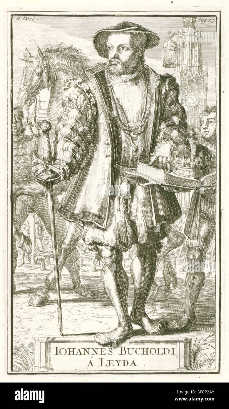 Portrait de Jan Beukelsz. van Leiden (Jan van Leyden), Iohannes Bucholdi á Leyda, Historie der Kerken en ketteren, tot aan het jaar onses Heeren 1688, estampe, illustration de livre, Portrait de Jan Beukelsz. à Leiden (Jan van Leyden) d'une série de 28 portraits dans le deuxième volume de Historie der kerken en ketteren van den beginne des Nieuwen Testaments tot aan het jaar onses Heeren 1688 par Godfried Arnold (1701). Jan Beukelsz., alias Jan van Leiden, était le roi auto-proclamé des anabaptistes à Münster, le site du Nouveau Jérusalem, vers 1534-35. L'estampe représente le moment où Beukelsz Banque D'Images
