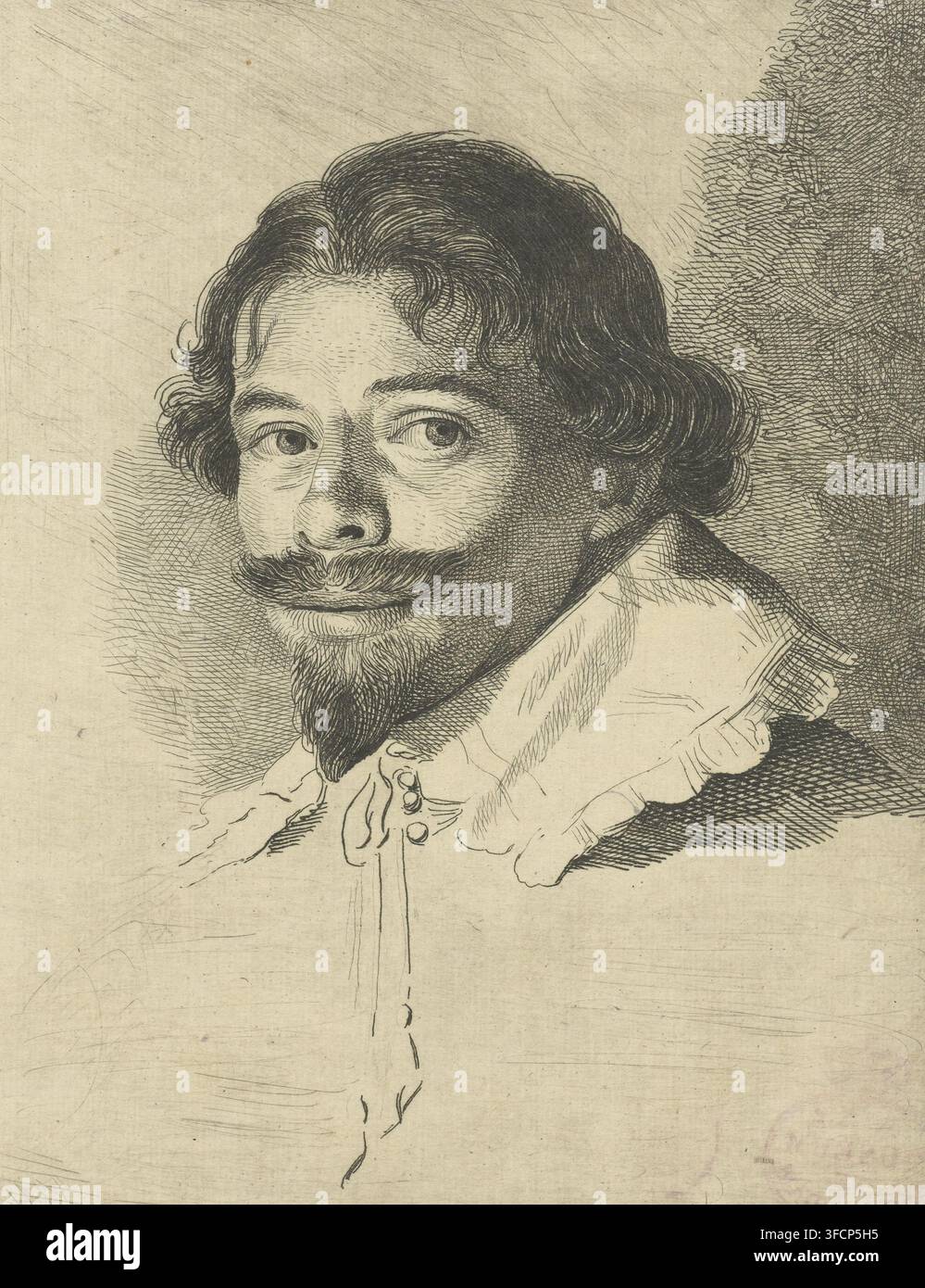Portrait de David Bailly, gravure, Portrait du peintre et dessinateur David Bailly, buste de portrait tourné vers la gauche., numéro : '1', graveur : Johannes Pieter de Frey, d'après un dessin de David Bailly, 1801, papier, eau-forte, épreuve d'impression, hauteur 164 mm x largeur 125 mm, Personne, portrait, autoportrait de l'artiste., Un portrait détaillé à la plume et à l'encre montre la tête et les épaules d'un homme légèrement tournées sur le côté, avec des cheveux sombres ondulés, une moustache recourbée et une barbe pointue ; ses yeux regardent vers l'extérieur sous des sourcils arqués et son nez et ses contours du visage sont rendus avec de fins hachurages croisés. Il porte un col volanté Banque D'Images
