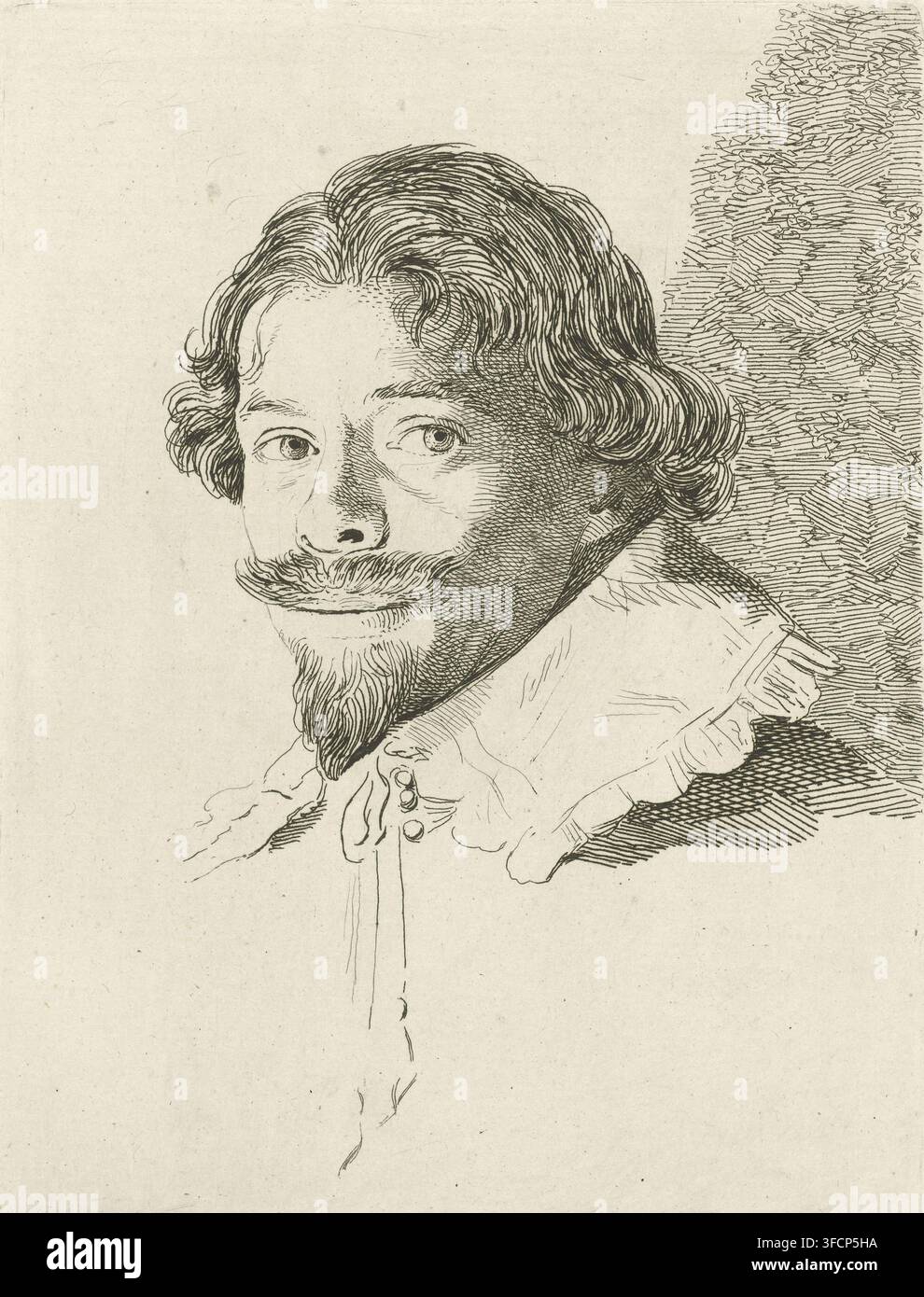 Portrait de David Bailly, gravure, Portrait du peintre et dessinateur David Bailly, buste de portrait tourné vers la gauche., numéro : '1', graveur : Johannes Pieter de Frey, d'après un dessin de David Bailly, 1801, papier, eau-forte, épreuve d'impression, hauteur 166 mm x largeur 126 mm, Personne, portrait, auto-portrait de l'artiste., Un dessin à l'encre noire d'un homme montré des épaules vers le haut, légèrement tourné sur le côté, avec des cheveux ondulés tombant jusqu'à environ la longueur de l'oreille et une moustache stylée et une barbichette pointue ; ses yeux regardent sur le côté et son visage est rendu avec des hachures croisées et des lignes fines. Il porte un col volanté et un Banque D'Images