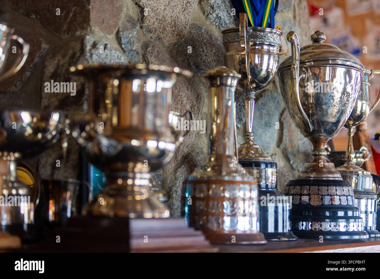 Trophées de sport vintage et coupes d'honneur en argent exposés sur une étagère contre un mur de pierre. Banque D'Images