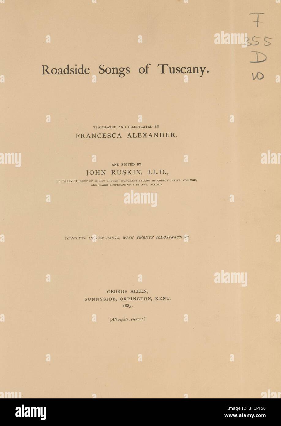 Chants routiers de la Toscane, livre, inscription : « Avec amour et les meilleurs vœux de Noël Francesca 25 déc. 1885 », éditeur : George Allen, Kent, compilateur (personne en littérature) : John Ruskin, 1885, compilateur (personne en littérature), couverture en carton, matériau biologique, papier, cuir, impression, procédé au platine, couleur sur coupe, papier marbré moiré, hauteur 302 mm x largeur 235 mm x épaisseur 44 mm., Une page crème avec des lignes de texte imprimées en sombre disposées dans les zones supérieure et moyenne, un pli vertical étroit près du bord droit, quelques petites taches dispersées et des taches légères, ainsi qu’une colonne de main- Banque D'Images