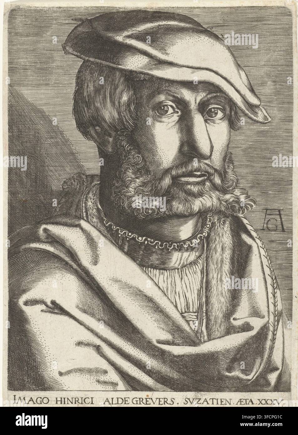 Portrait d'Heinrich Aldegrever, gravure, Portrait d'Heinrich Aldegrever à l'âge de trente-cinq ans, avec une barbe. Buste, tourné trois-quarts vers la droite. En bas, un texte en latin., graveur, d'après une gravure de, Allemagne, Heinrich Aldegrever, papier, gravure, hauteur 178 mm x largeur 125 mm, Personnage, portrait, auto-portrait du graphiste., Un portrait gravé détaillé en noir et blanc d'un homme barbu montré de la poitrine vers le haut, portant une casquette molle et tombante et une lourde cape drapée sur un vêtement à col haut ; le visage de l'homme a un nez proéminent, des yeux enfoncés regardant légèrement vers le spectateur Banque D'Images