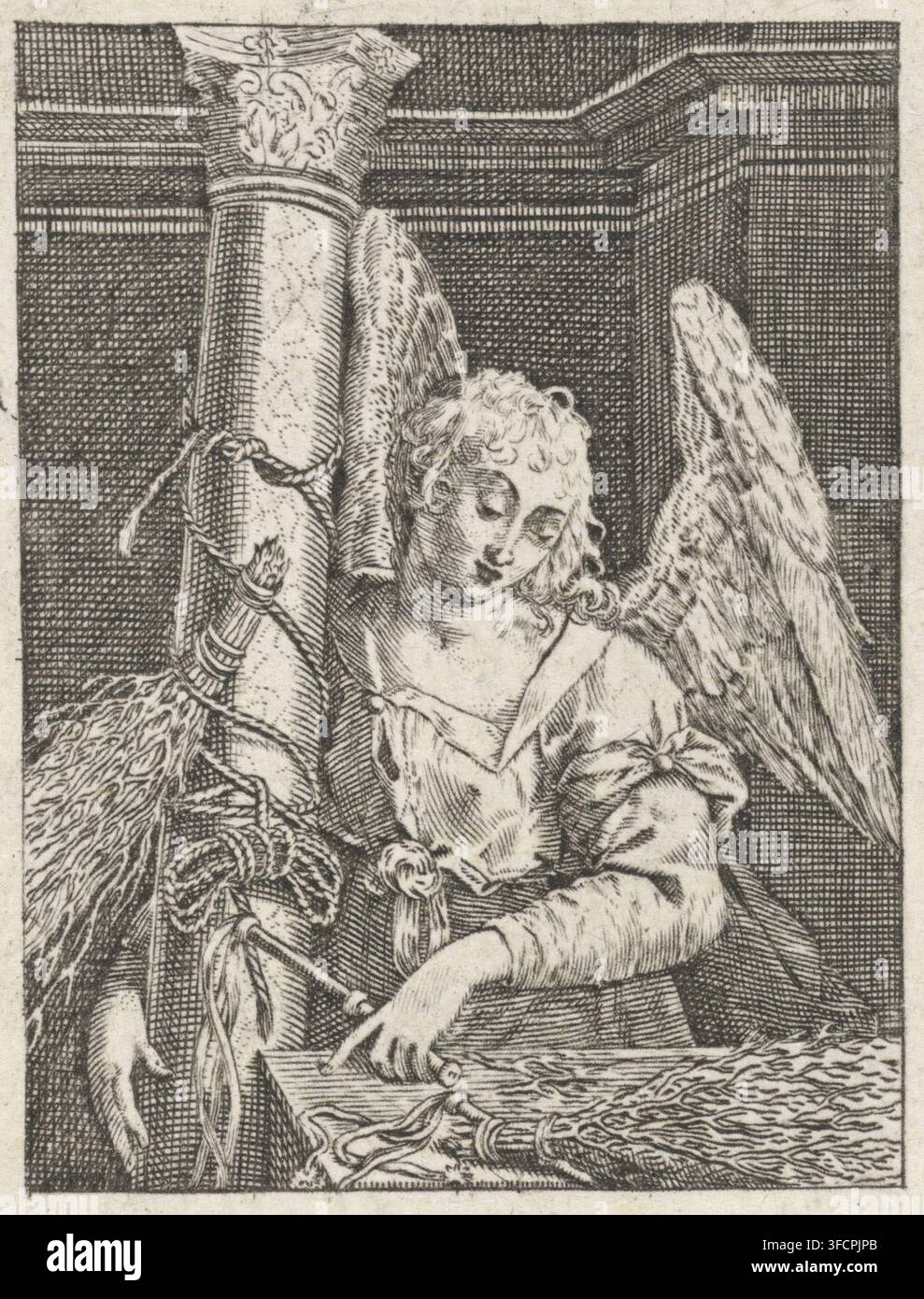 Ange avec la colonne, la canne et le fouet, estampe, graveur : Johann Sadeler (I), d'après une estampe d'Aegidius Sadeler (II), 1580 - 1600, Aegidius Sadeler (II), d'après une estampe de, papier, gravure, hauteur 69 mm x largeur 53 mm, instruments uniques de la Passion., Une gravure finement détaillée montre une figure ailée aux cheveux bouclés et à l'expression abaissée assise à côté d'une colonne cannelée surmontée d'un chapiteau orné, du tissu drapé pend de la colonne et est attaché avec des cordes, la figure porte une robe à manches rassemblées et une ceinture, une main repose sur une surface plane tandis que l'autre tend vers elle, Banque D'Images