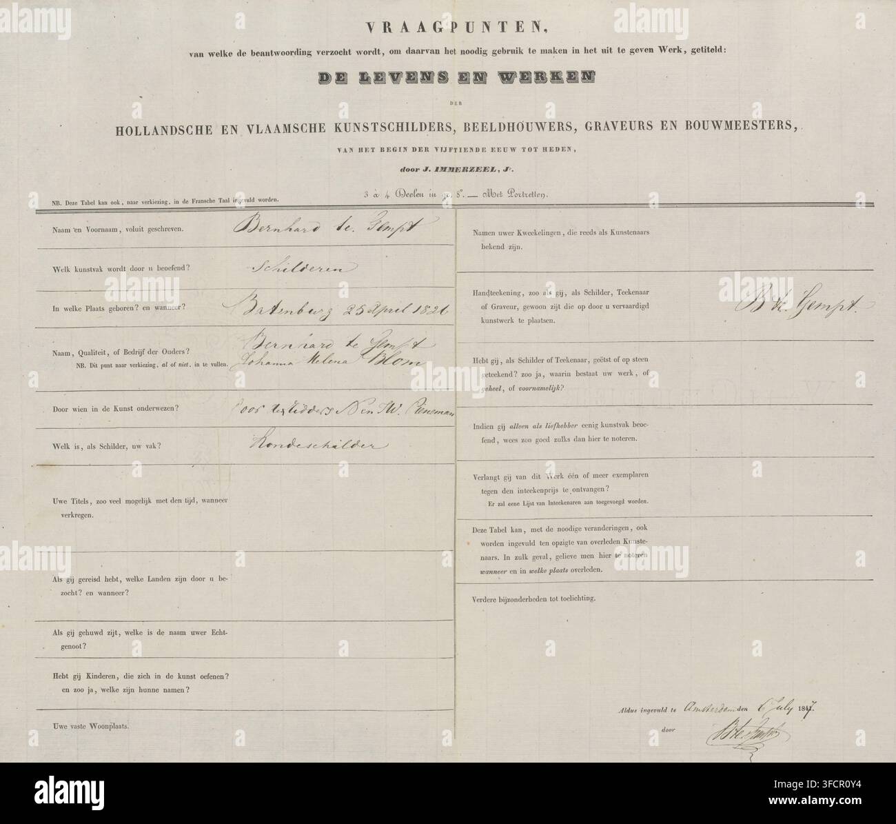 Formulaire d'enquête rempli par Bernard te Gempt, manuscrit, questionnaire, filigrane, inscription : 'Questions dont la réponse est demandée, afin de les utiliser dans le travail à venir, intitulé : Les Vies et les Œuvres des Peintres, Sculpteurs, Graveurs et Architectes Néerlandais et Flamands, depuis le début du XVe siècle jusqu'à aujourd'hui, par J. Immerzeel, Jr.', commanditaire (personne qui commande des œuvres) : Johannes Immerzeel, écrivain (employé de bureau) : Bernard te Gempt, Amsterdam, 1847-07-06, commanditaire (personne qui commande des œuvres), écrivain (employé de bureau), matériaux Banque D'Images