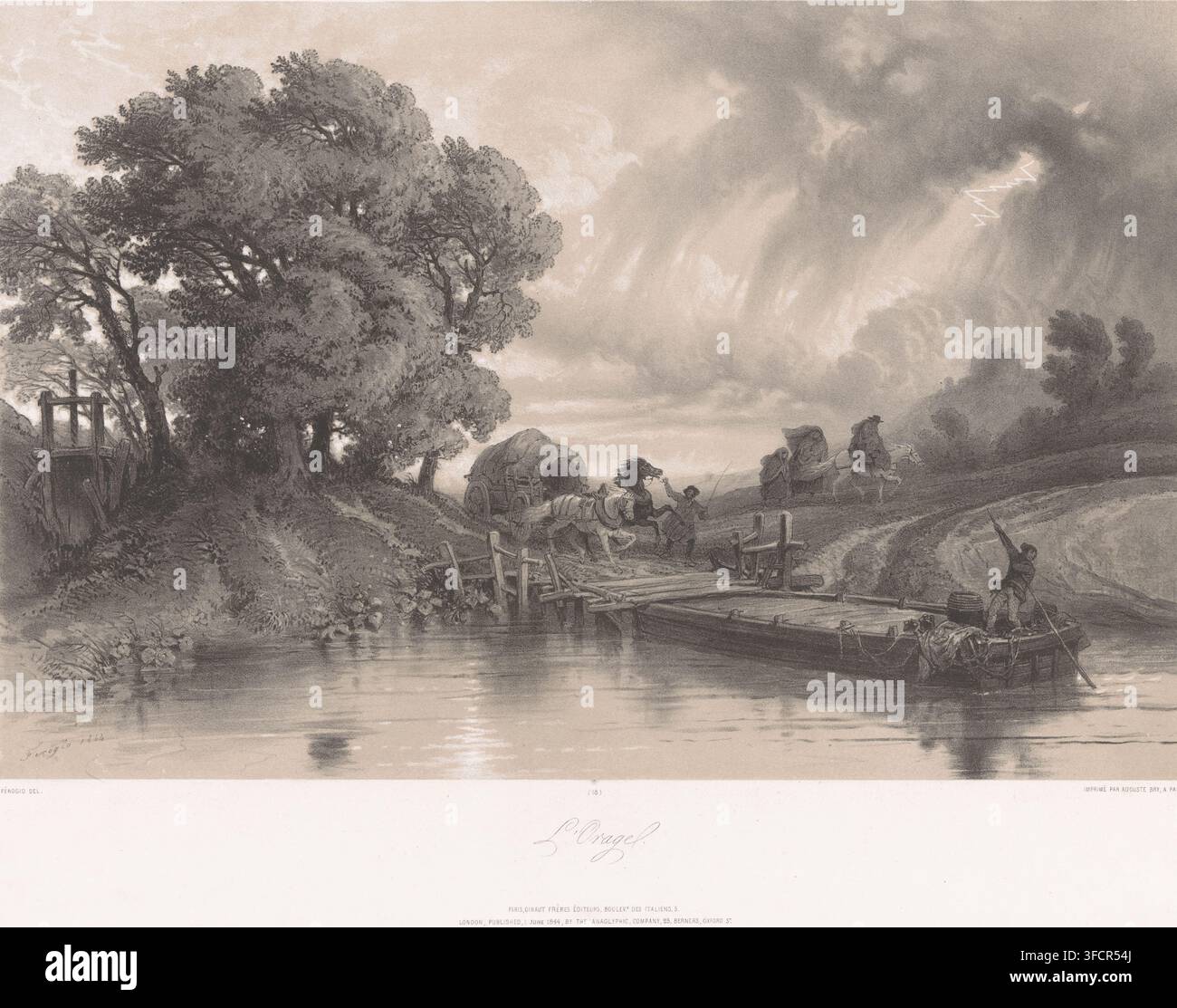 Orage avec ferry et chariot couvert tiré par des chevaux, L'Orage, estampe, numéro de série 18, graveur : Fortuné Férogio, imprimeur (personne) : Auguste Bry, Paris, éditeur : Gihaut frères, éditeur : Anaglyphic Company, Londres, 1844, Fortuné Férogio, Auguste Bry, Gihaut frères, Anaglyphic Company, graveur, imprimeur (personne), éditeur, papier, lithographie tonale, lithographie avec bloc tonal en beige, hauteur 389 mm x largeur 542 mm, ferry, chariot couvert, chariot bâché, véhicule à quatre roues tiré par deux animaux, éclair, coup de foudre, éclair. Une scène riveraine rendue en monochromie montre Banque D'Images