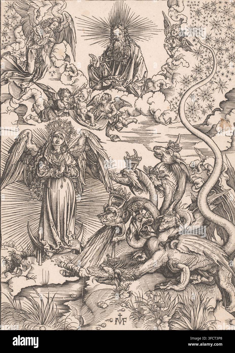 Soufflement de la septième trompette, copies d'après l'Apocalypse de Dürer, estampe, Dieu apparaît dans le ciel et amène la femme apocalyptique, vêtue du soleil, avec la lune sous ses pieds et une couronne de douze étoiles sur sa tête. Son enfant nouveau-né est sauvé du dragon à sept têtes par des anges., graveur : Ieronimus Greff von Frankfurt, d'après une estampe d'Albrecht Dürer, 1502, Ieronimus Greff von Frankfurt, Albrecht Dürer, graveur, d'après une estampe de, papier, gravure sur bois, hauteur 390 mm x largeur 280 mm, une femme enceinte, vêtue du soleil et debout sur la lune, apparaît, elle est menacée par un dragon rouge Banque D'Images