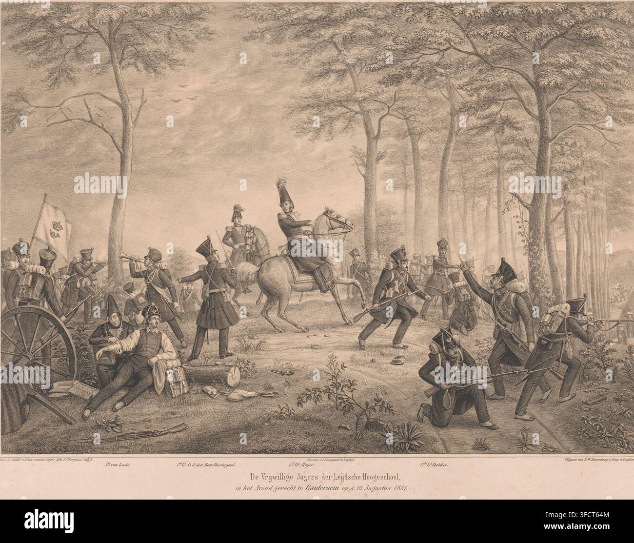 Les Chasseurs Volontaires de l'Université de Leiden, dans la bataille du soir à Boutersem le 10 août 1831, bataille de Boutersem, estampe, La Compagnie des Chasseurs Volontaires de l'Université de Leiden à Boutersem en combat le soir du 11 août 1831. Au centre le lieutenant-général Meijer à cheval, derrière lui le premier lieutenant DJ den Beer Poortugael. À gauche, le chasseur blessé (C. Leemans) est soigné par le Dr. van Leede, à droite les fusiliers sous le premier lieutenant Dekker. Les noms des personnes proposées sont mentionnés dans la légende., graveur : Johann Peter Berghaus, Banque D'Images