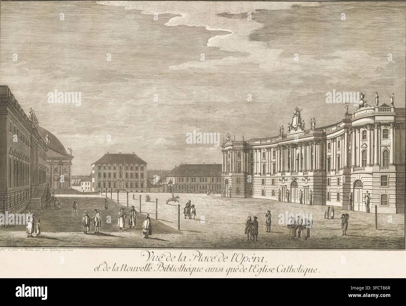 Vue de la Place de l'Opéra, et de la Nouvelle Bibliothéque ainsi que de l'Eglise Catholique, Vue du Bebelplatz à Berlin avec la Bibliotheque Ancienne et l'Ancien Palais et la Cathédrale Sainte-Hedwige, gravure, graveur : Johann Georg Rosenberg, Berlin, d'après un dessin de Johann Georg Rosenberg, 1782, Johann Georg Rosenberg, graveur, d'après un dessin de, papier, eau-forte, gravure, hauteur 484 mm x largeur 708 mm, Cathédrale Sainte-Hedwige (Berlin). Une gravure architecturale étendue montre une grande place ouverte bordée de grands bâtiments classiques avec des colonnes, des façades ornées et des statues le long des toitures. Le rig Banque D'Images
