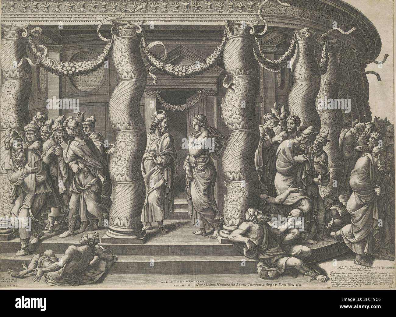 Christ et l'Adulère, gravure, Les Pharisiens amènent une femme adultère à Christ pour qu'il juge sa transgression. Ils se tiennent entre les piliers torsadés d'un temple rond. Plusieurs mendiants sur les marches., graveur : Diana Scultori, Italie, d'après un dessin de Giulio Romano, éditeur : Antonius Carenzanus, Rome, concessionnaire du privilège : Gregory Gregory., Une scène architecturale large rendue en monochromie détaillée montre un portique avec des colonnes torsadées ornées et des guirlandes décoratives suspendues le long de l'entablement, une frise décorée au sommet et une porte encastrée avec des marches menant à elle. Dans Banque D'Images