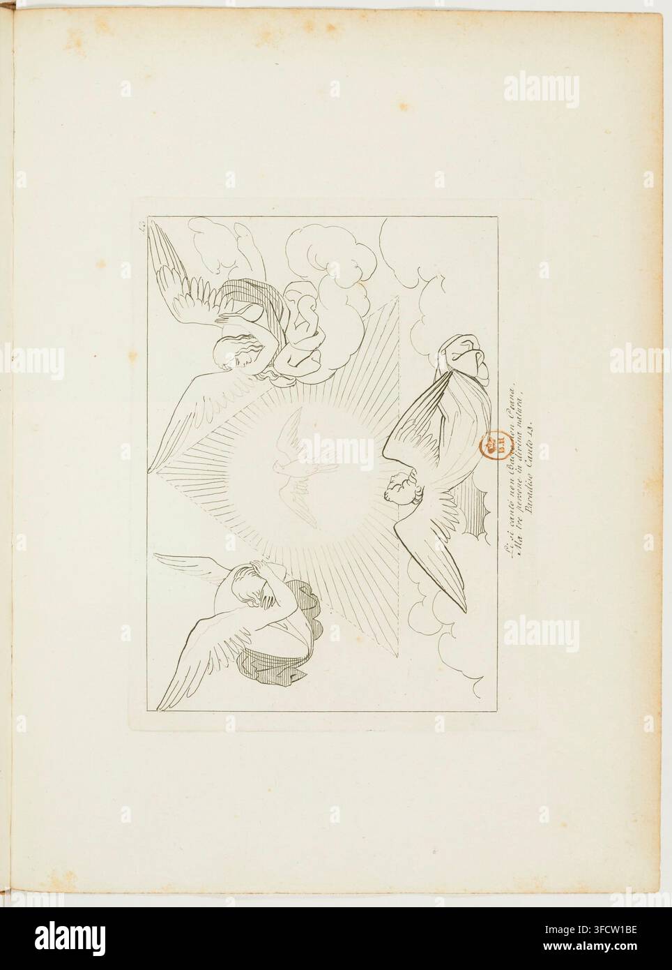 Une gravure de 1802 par Tommaso Piroli, tirée d'une série illustrant la Divine Comédie de Dante Alighieri, composée par le sculpteur anglais Giovanni Flaxman, présentant quatre oiseaux en vol autour d'un éclat solaire central avec des nuages. Banque D'Images