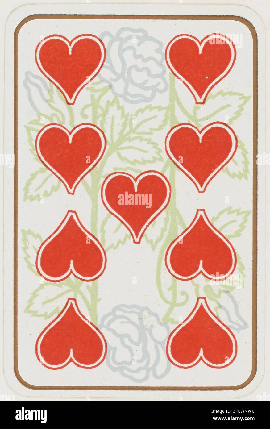 Une gravure de 1900 d'une carte à jouer pour le jeu de Whist, présentant neuf symboles de cœurs rouges disposés en trois rangées de trois, sur un fond floral. Banque D'Images
