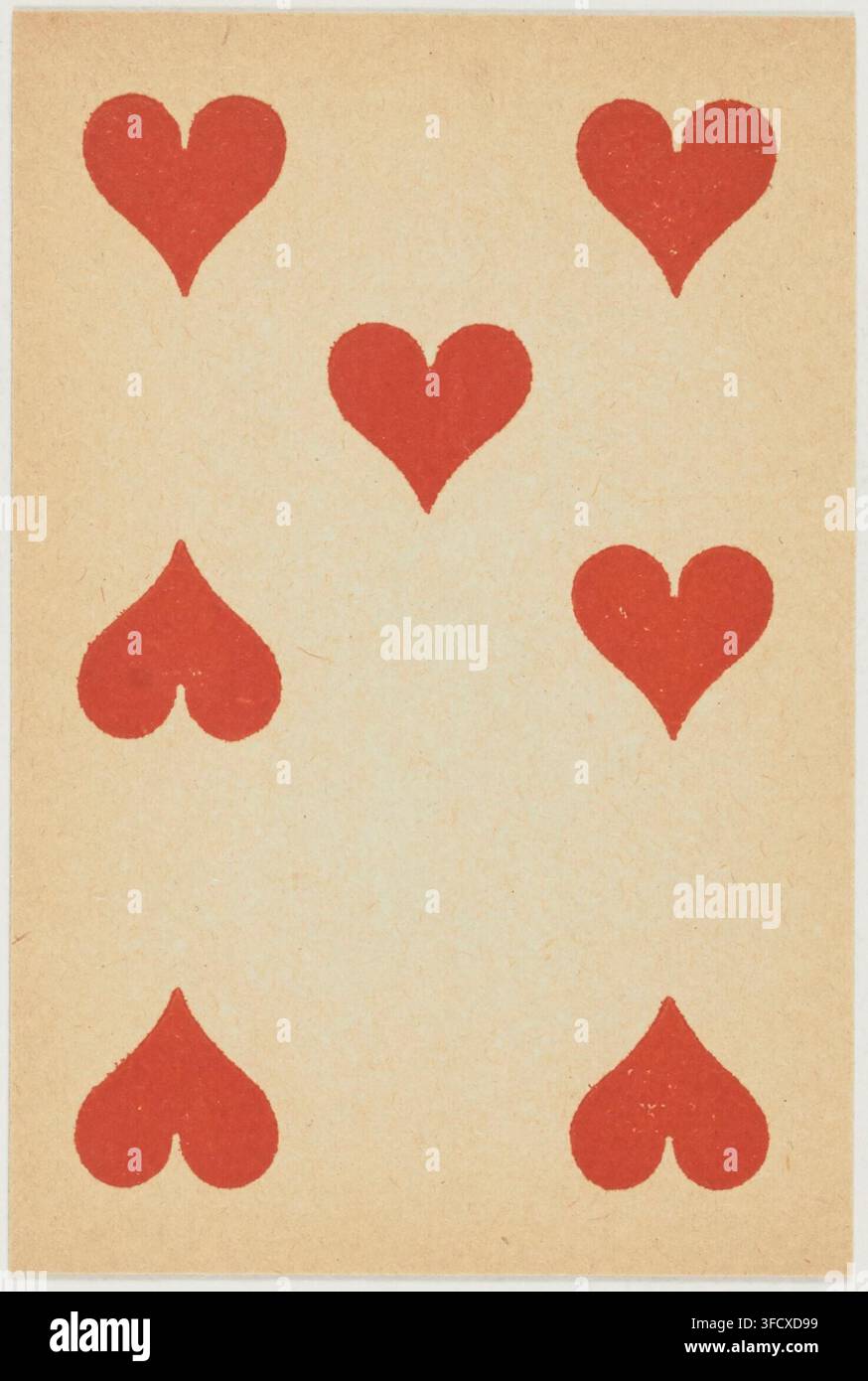 Une carte à jouer avec six symboles de cœurs rouges, disposés en deux rangées de trois, d'une gravure imprimée, vers 1900-1920. Banque D'Images
