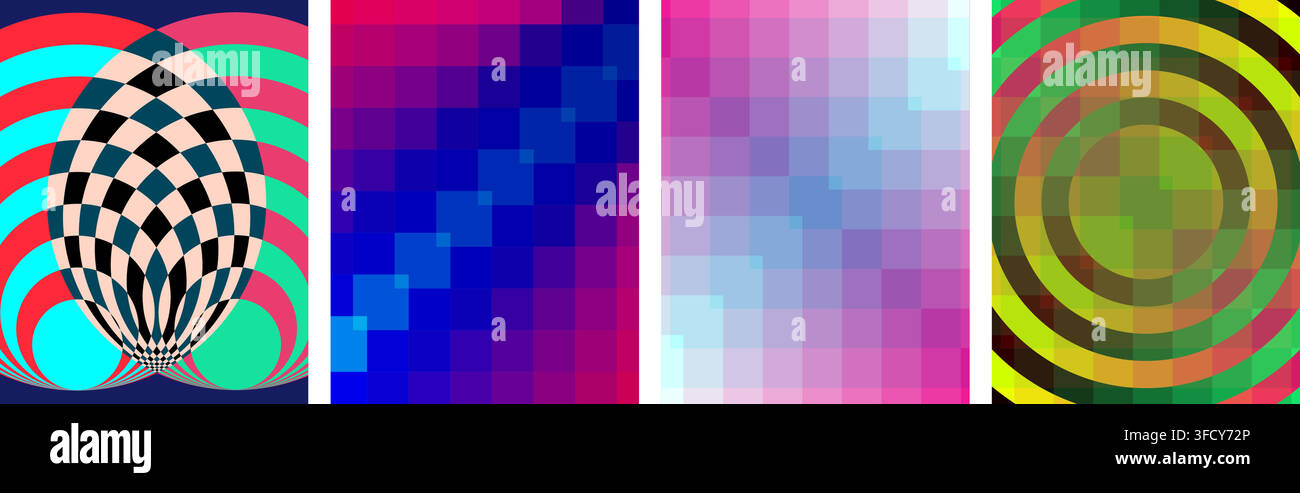 Ensemble de quatre bannières abstraites verticales présentant des motifs géométriques vibrants et une art numérique dégradé coloré Illustration de Vecteur