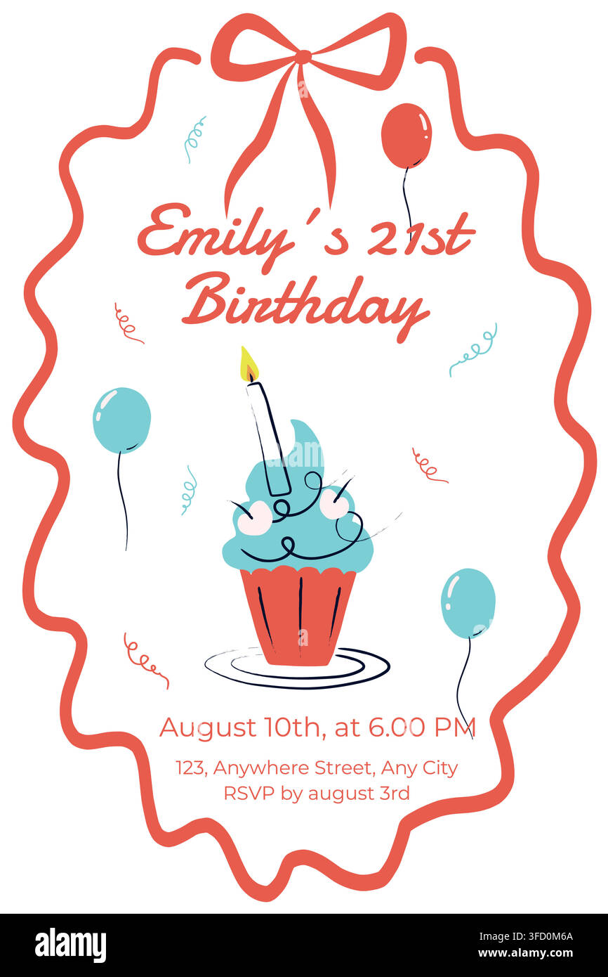 Modèle d'invitation coloré pour fête d'anniversaire avec cupcake, bougie, ballons, nœud et décorations de confettis festifs. Illustration vectorielle mignonne pour anniversaire Illustration de Vecteur