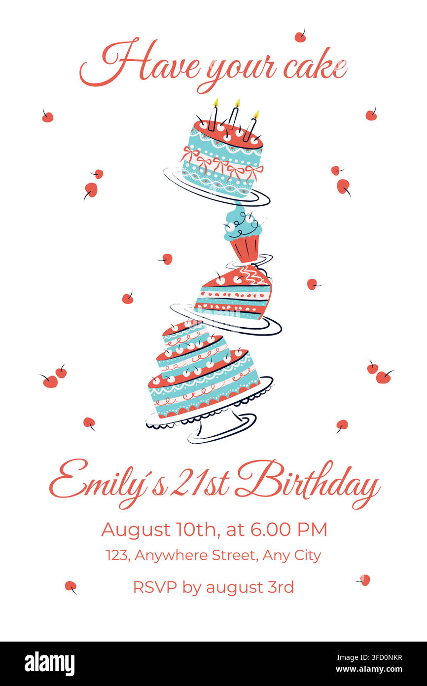 Invitation de fête d'anniversaire colorée avec gâteaux décorés, cupcake, bougies et cerises. Illustration vectorielle ludique pour célébration d'anniversaire, salutation Illustration de Vecteur