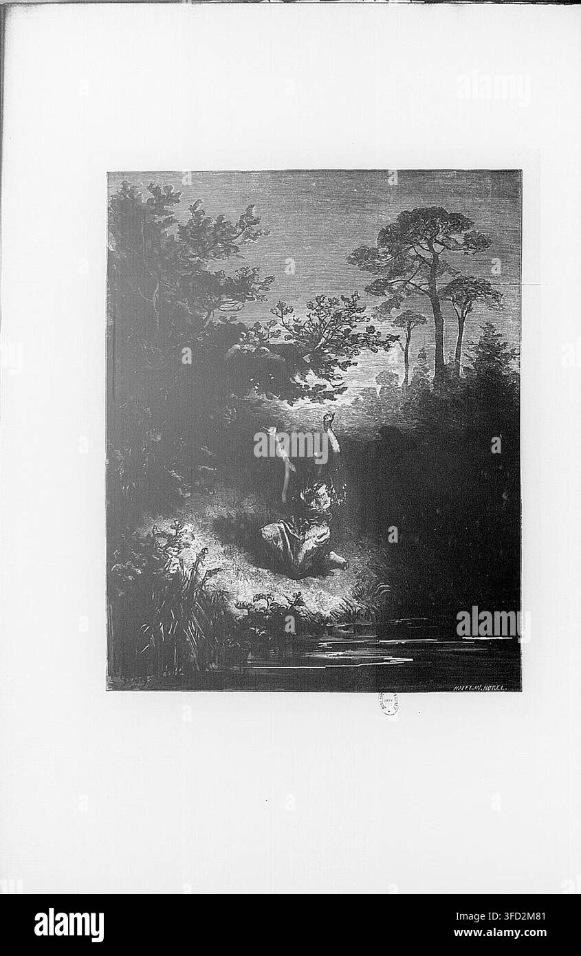Une figure agenouillée dans une zone boisée, les mains levées, avec une rivière coulant à proximité, tirée de l'ensemble Illustrations de Atala, dessinée par Gustave Doré, un illustrateur et artiste français, et gravée par H. Pisan, Pannemaker, Hildibrand et autres, avec un texte de François-René de Chateaubriand, un auteur français, publiée en 1863. Banque D'Images