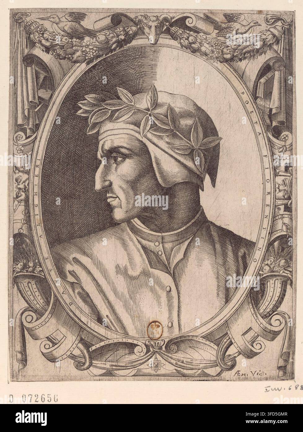 Un portrait de Dante Alighieri, le poète italien et auteur de la Divine Comédie, portant une couronne de lauriers, tiré d'une collection de portraits de l'écrivain du XIIIe-XIVe siècle. Banque D'Images