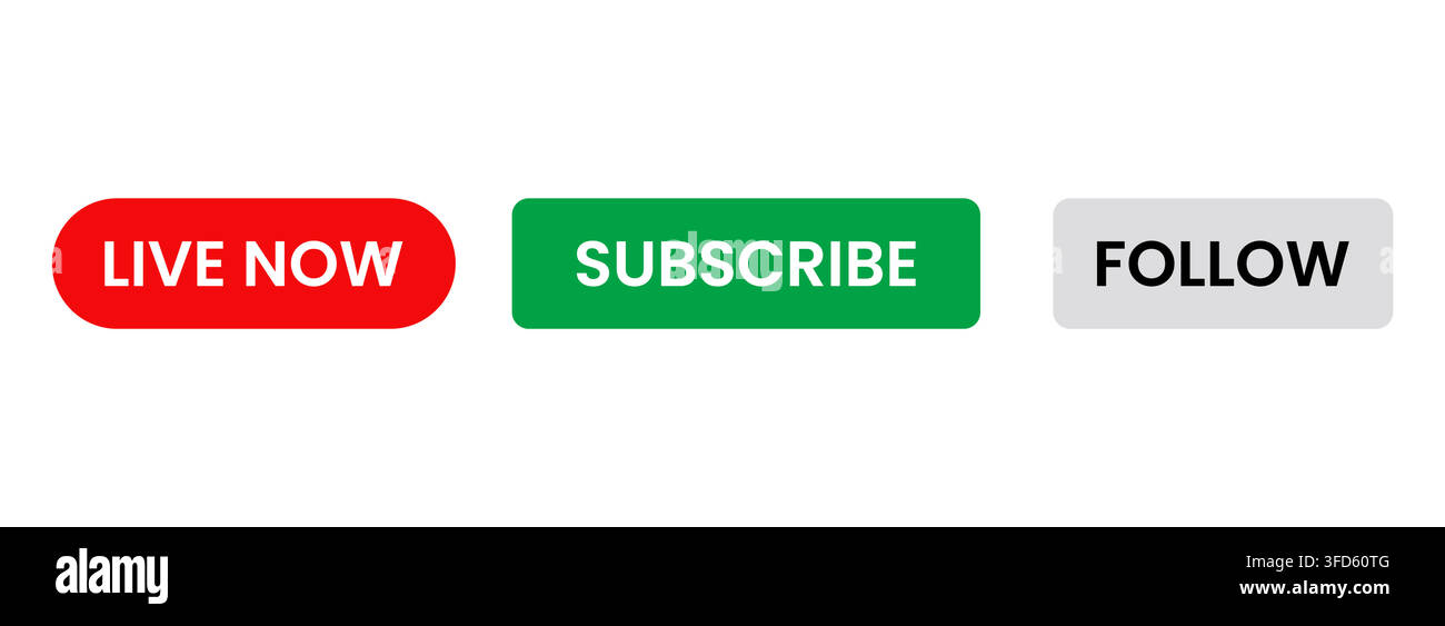 Collection vectorielle de boutons d'interface pour les réseaux sociaux et la diffusion vidéo, comprenant « en direct maintenant », « s'abonner » et « suivre » Illustration de Vecteur