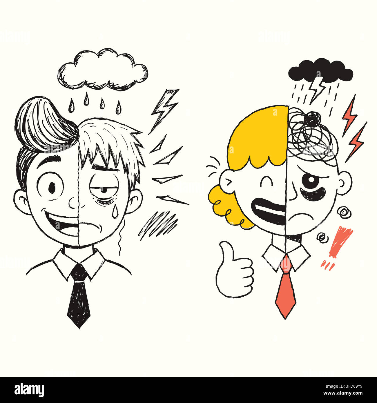 Homme et femme d'affaires partageant le visage du burn-out mental et du faux sourire, vecteur de gribouillis Illustration de Vecteur