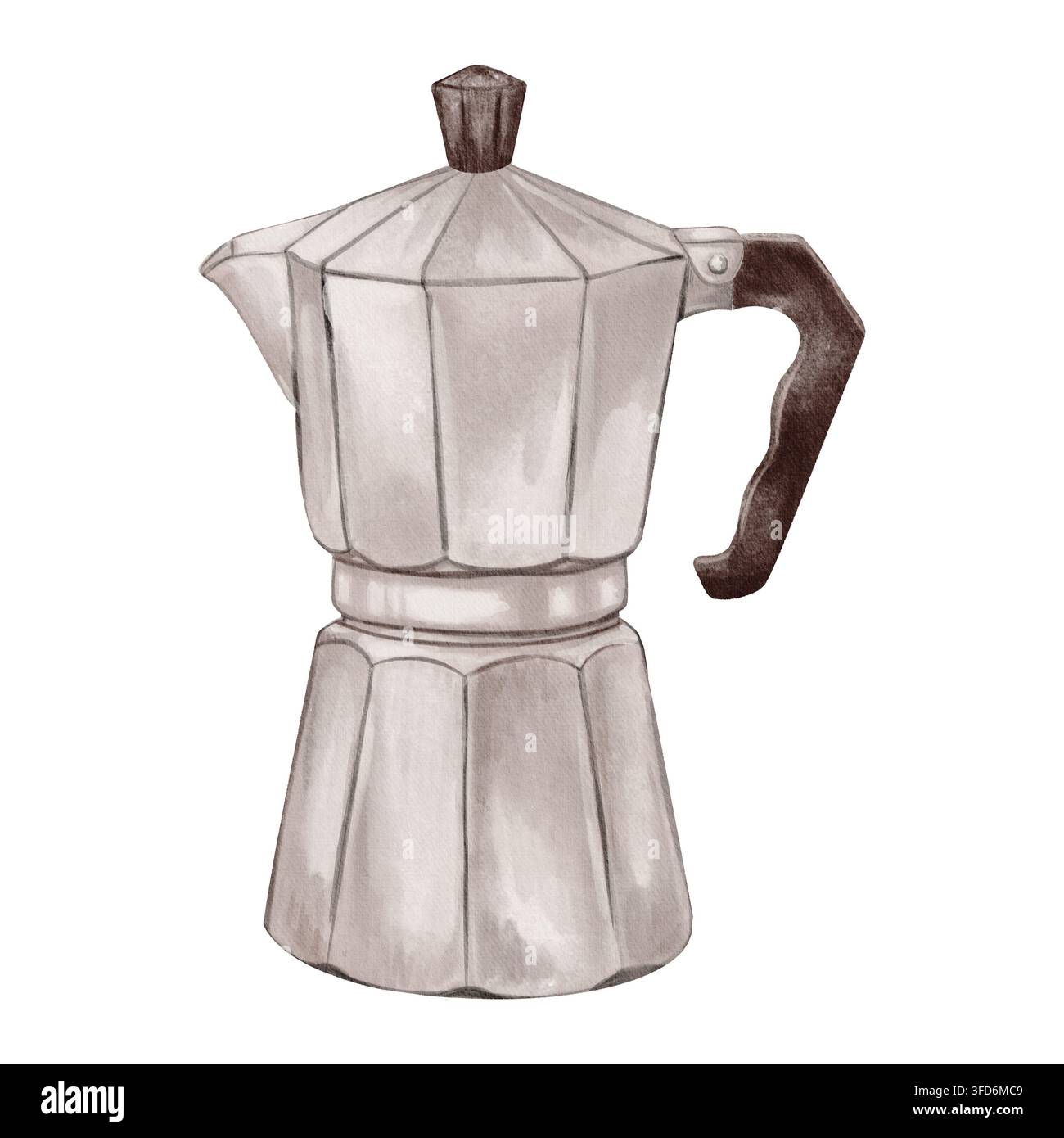 Illustration aquarellée d'une cafetière Moka avec des détails vintage. Parfait pour le branding de café, la décoration de cuisine, les emballages, les menus, les autocollants et Cof Banque D'Images