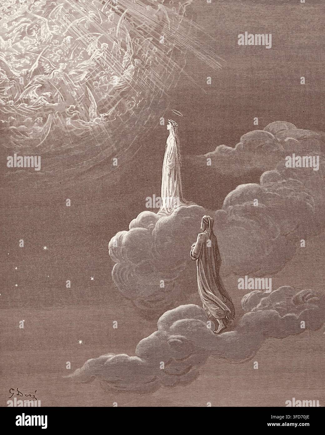 Gustave Doré - Dante Alighieri - La Divine Comédie - Le Paradis - Dante et Béatrice s'élevant à travers les nuages vers une lumière céleste. Banque D'Images