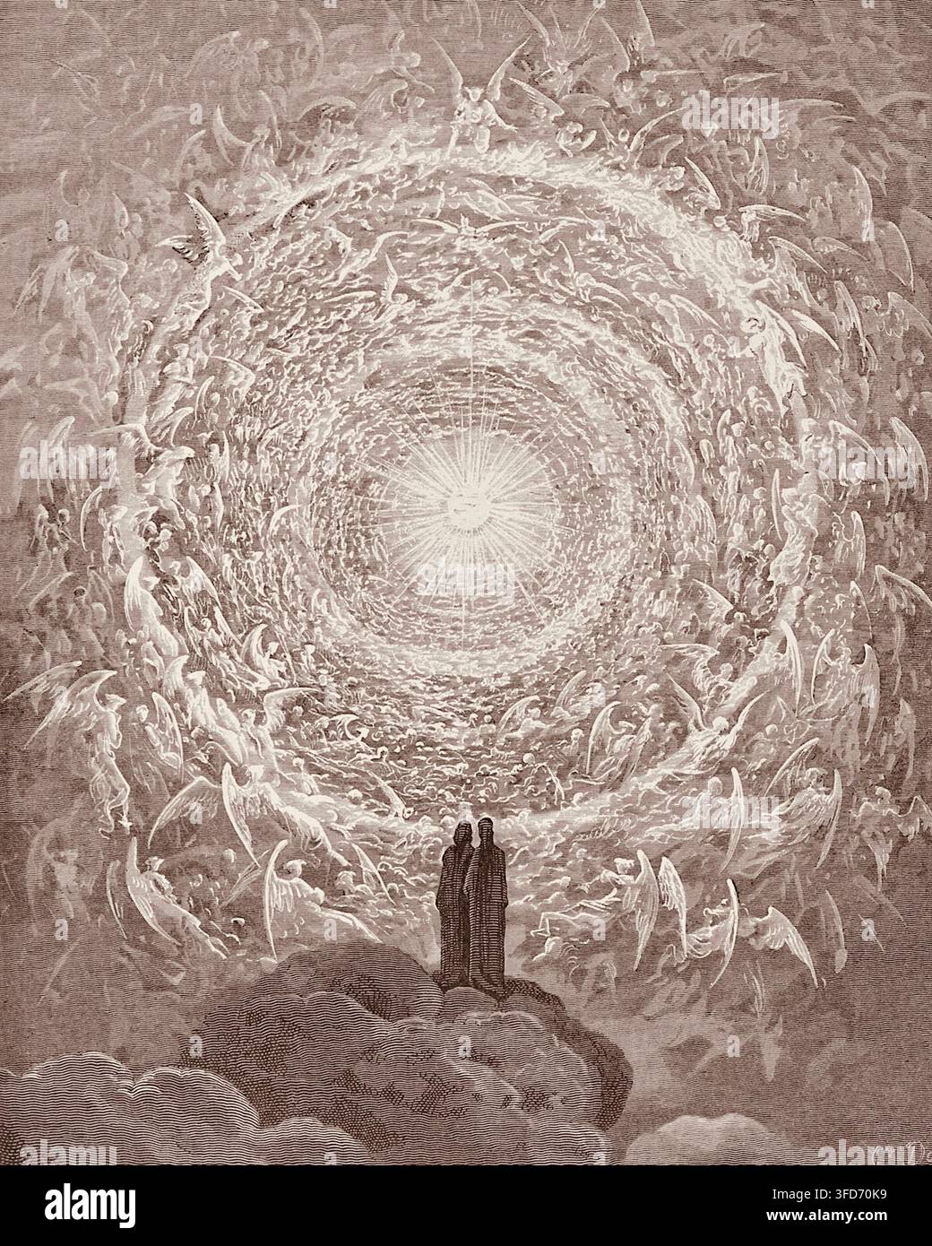 Gustave Doré - Dante Alighieri - La Divine Comédie - Le Paradis - L'Empyree, le ciel le plus élevé formé comme une rose céleste de lumière et d'anges. Banque D'Images
