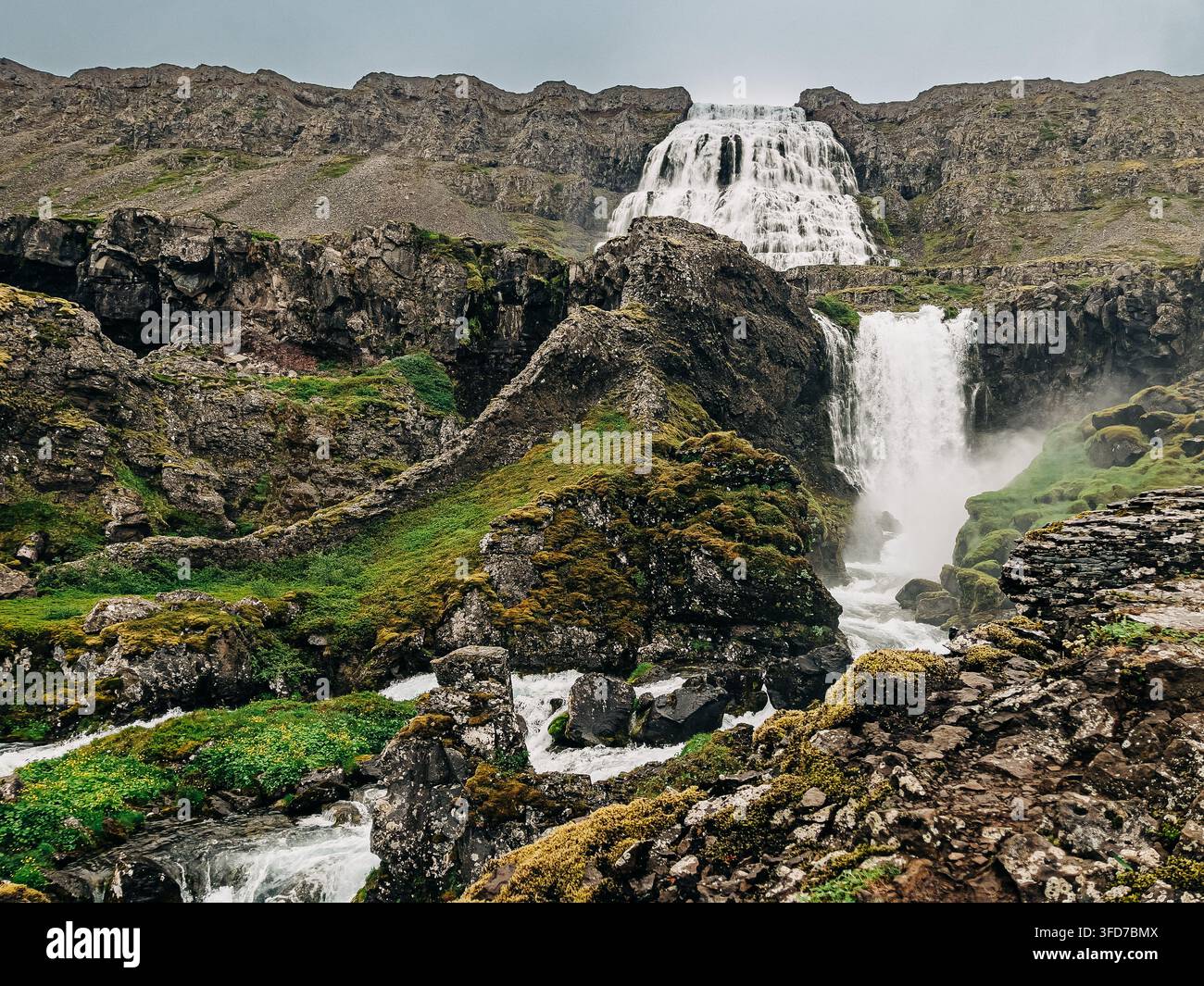 La cascade de Dynjandi dévale une montagne escarpée dans les Vestfjords en Islande, entourée de roches volcaniques couvertes de mousse. Banque D'Images