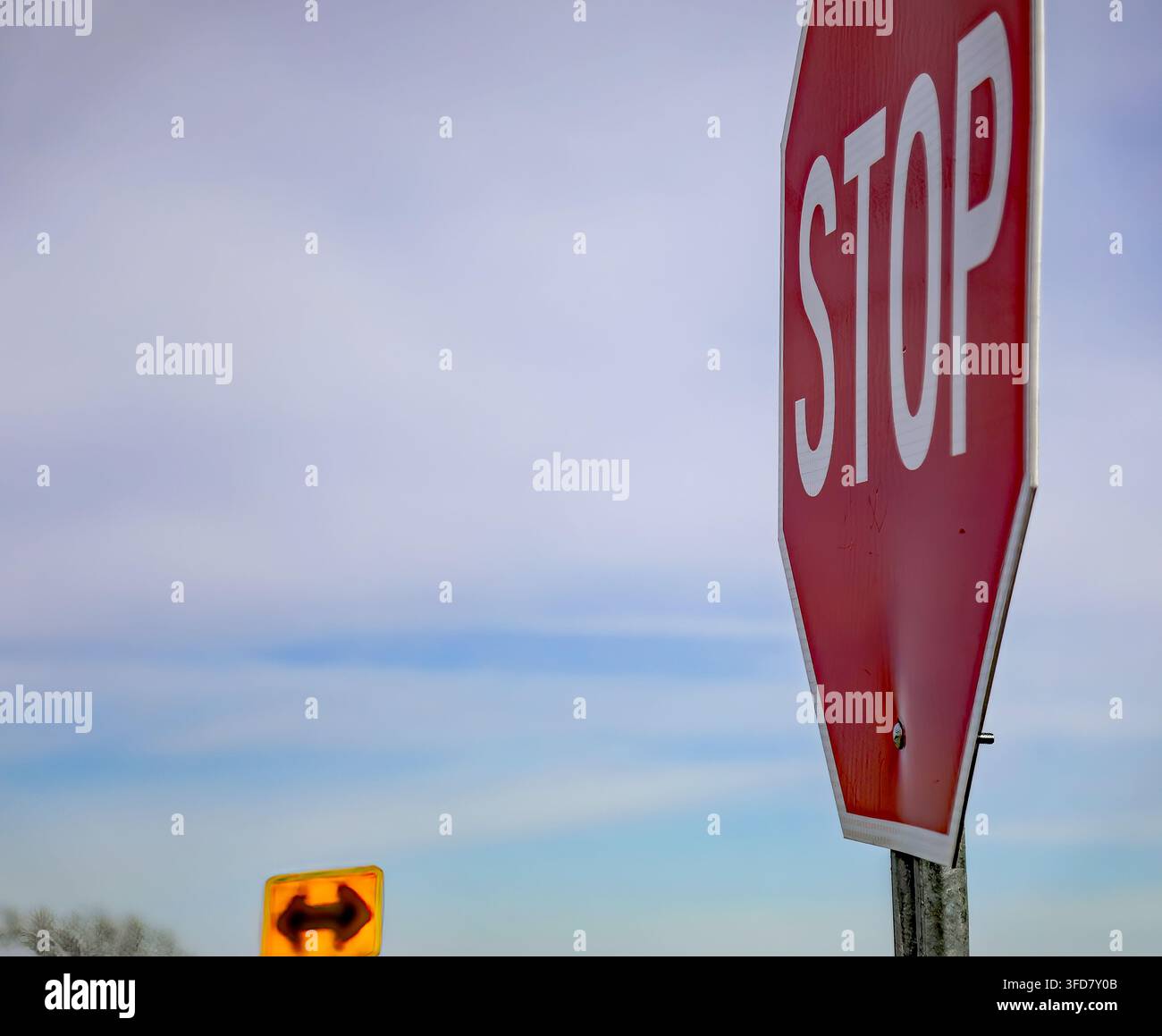 Panneau d'arrêt octogonal rouge avec panneau d'avertissement de circulation jaune sur le bord de la route Banque D'Images