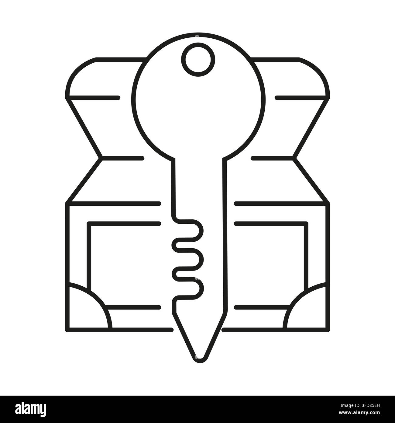 Clé de porte devant un coffre au trésor en bois ouvert icône en ligne vectorielle noire Illustration de Vecteur