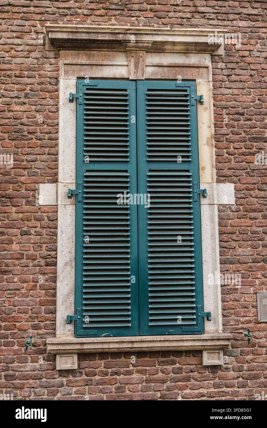 Volets teal sur un mur de briques vieilli Banque D'Images